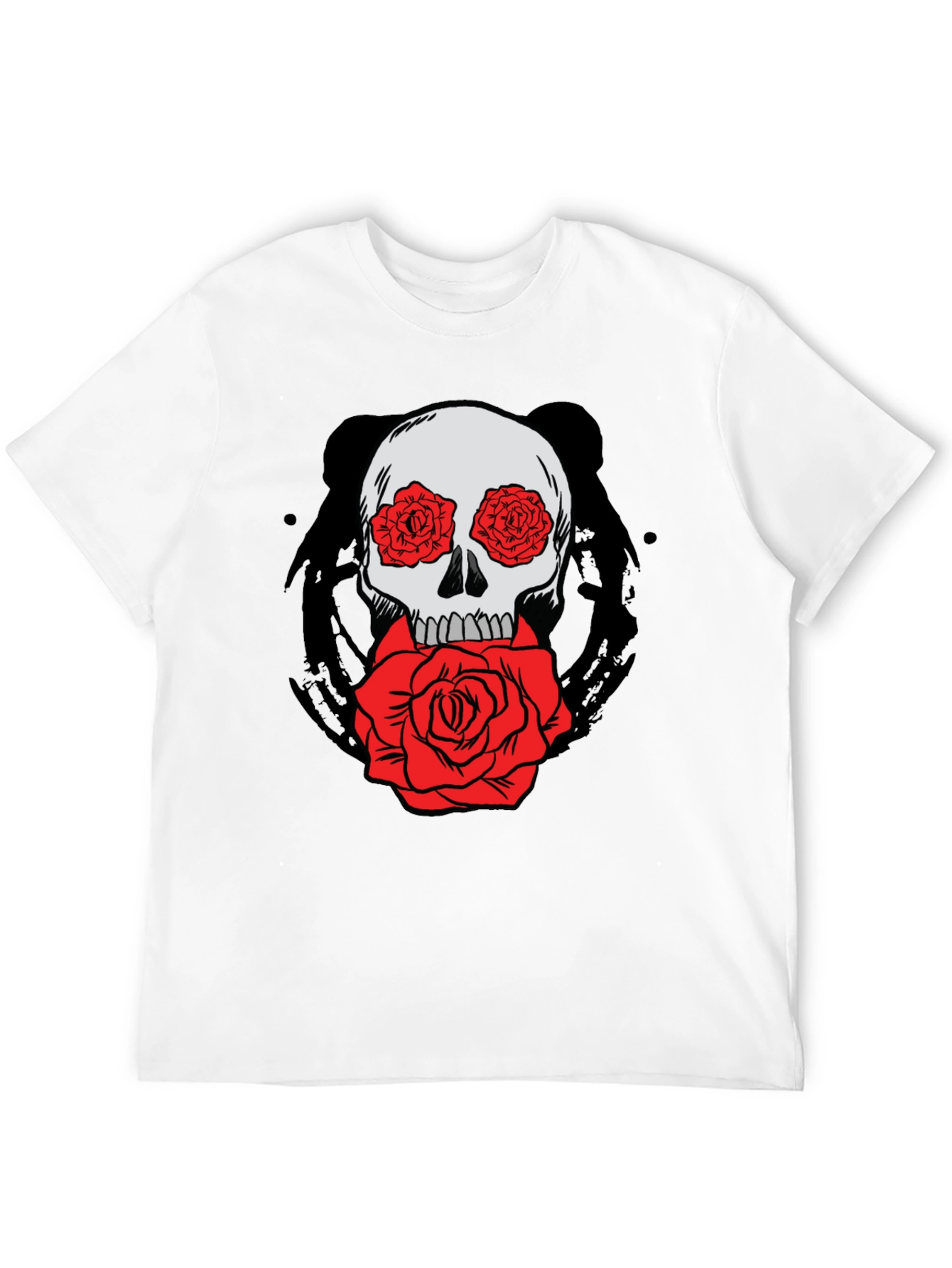 Skull with Roses Graphic Tee - Black Cotton T-Shirt