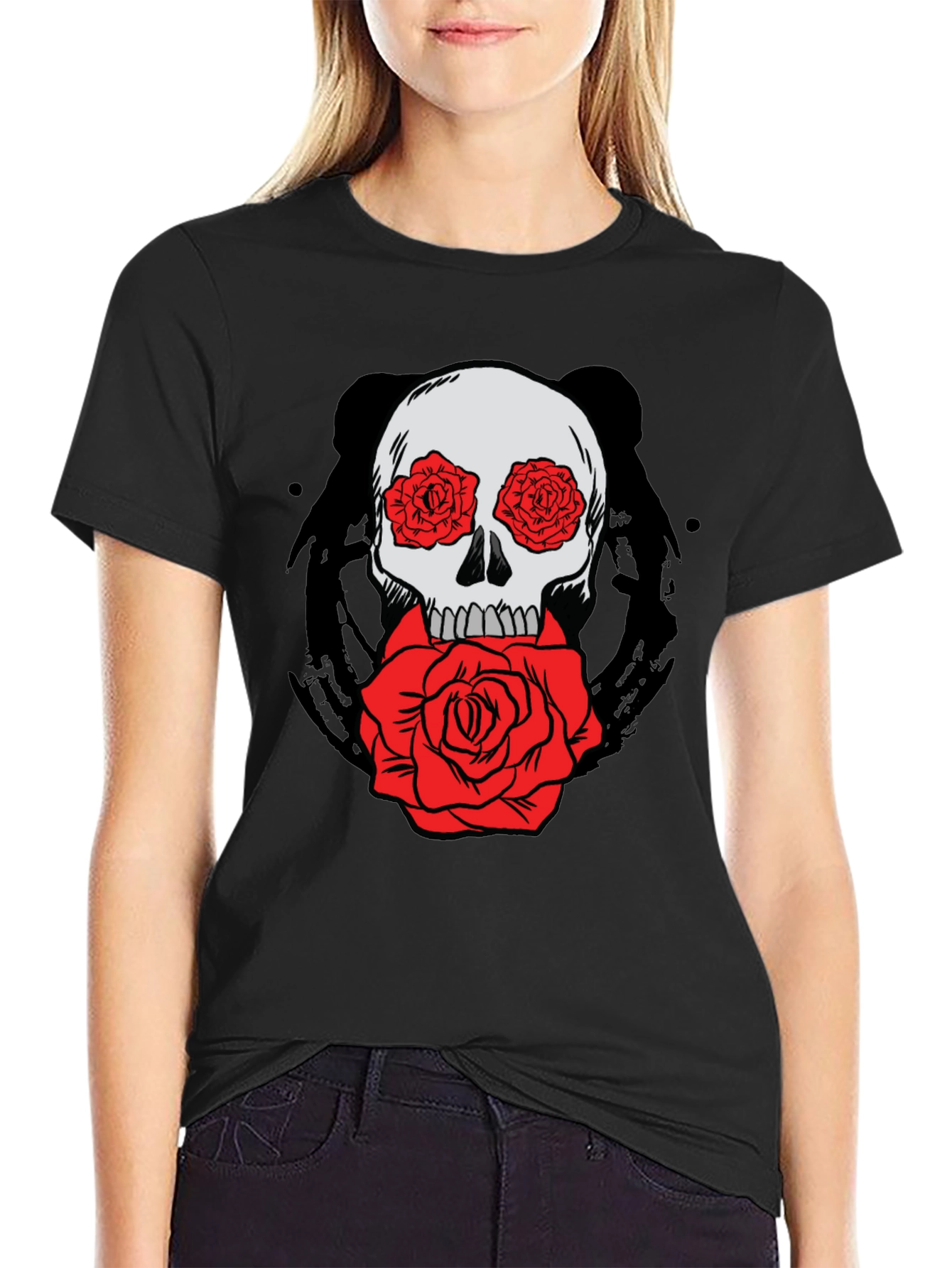 Skull with Roses Graphic Tee - Black Cotton T-Shirt