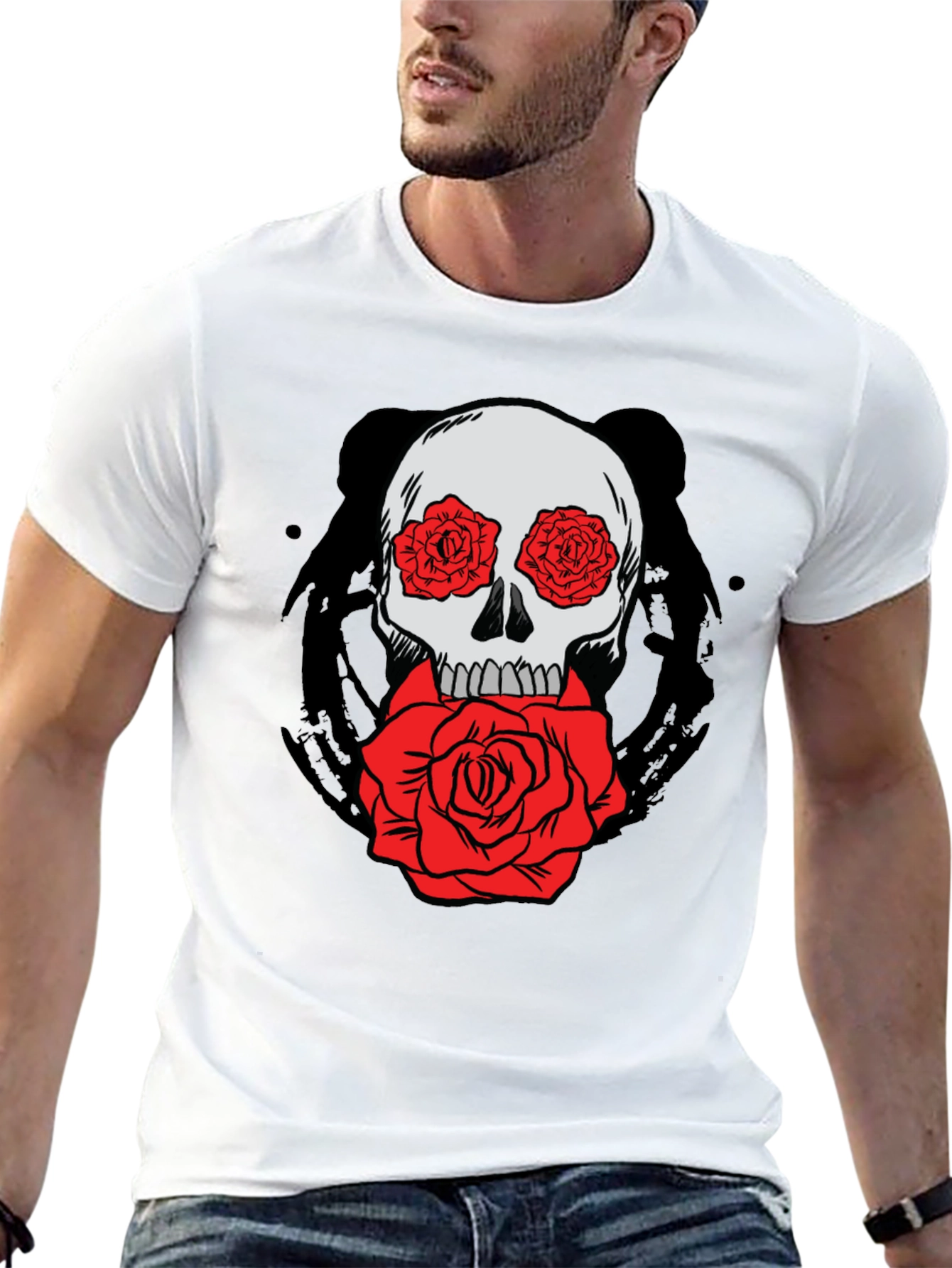 Skull with Roses Graphic Tee - Black Cotton T-Shirt