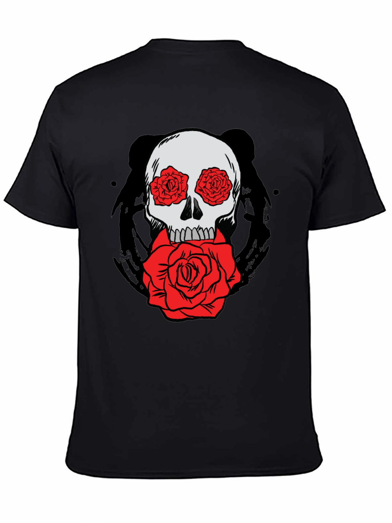 Skull with Roses Graphic Tee - Black Cotton T-Shirt