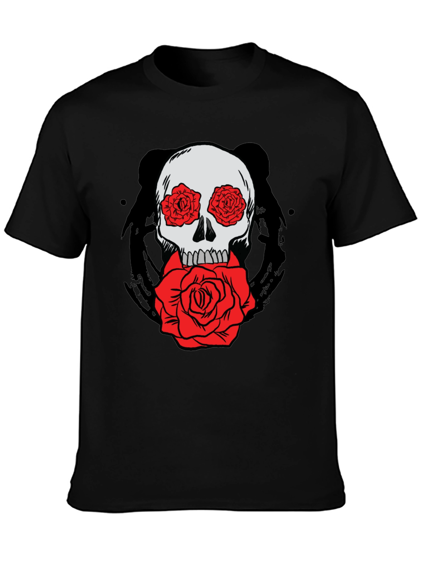 Skull with Roses Graphic Tee - Black Cotton T-Shirt