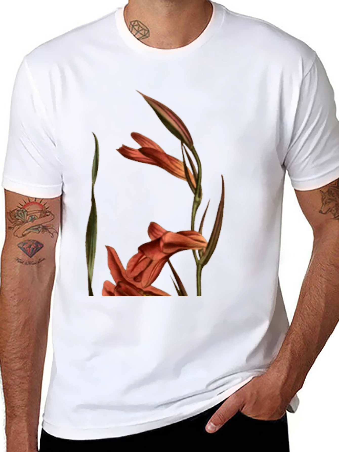 Floral Gladiolus Print Black T-Shirt