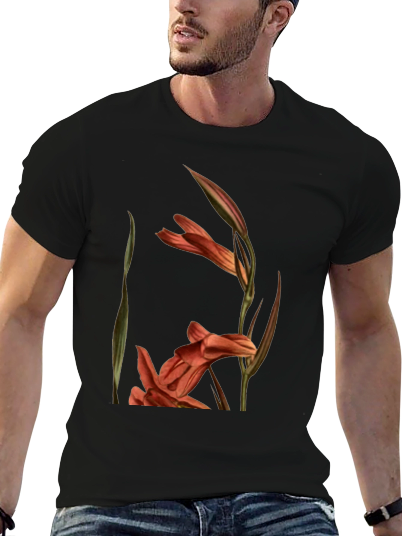 Floral Gladiolus Print Black T-Shirt