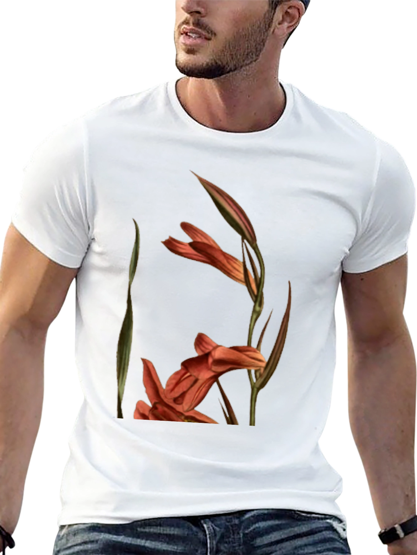 Floral Gladiolus Print Black T-Shirt