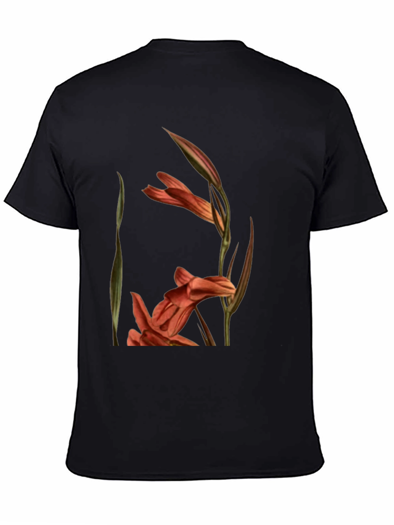 Floral Gladiolus Print Black T-Shirt