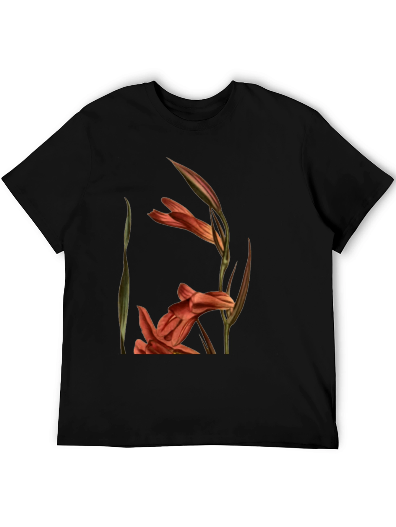 Floral Gladiolus Print Black T-Shirt