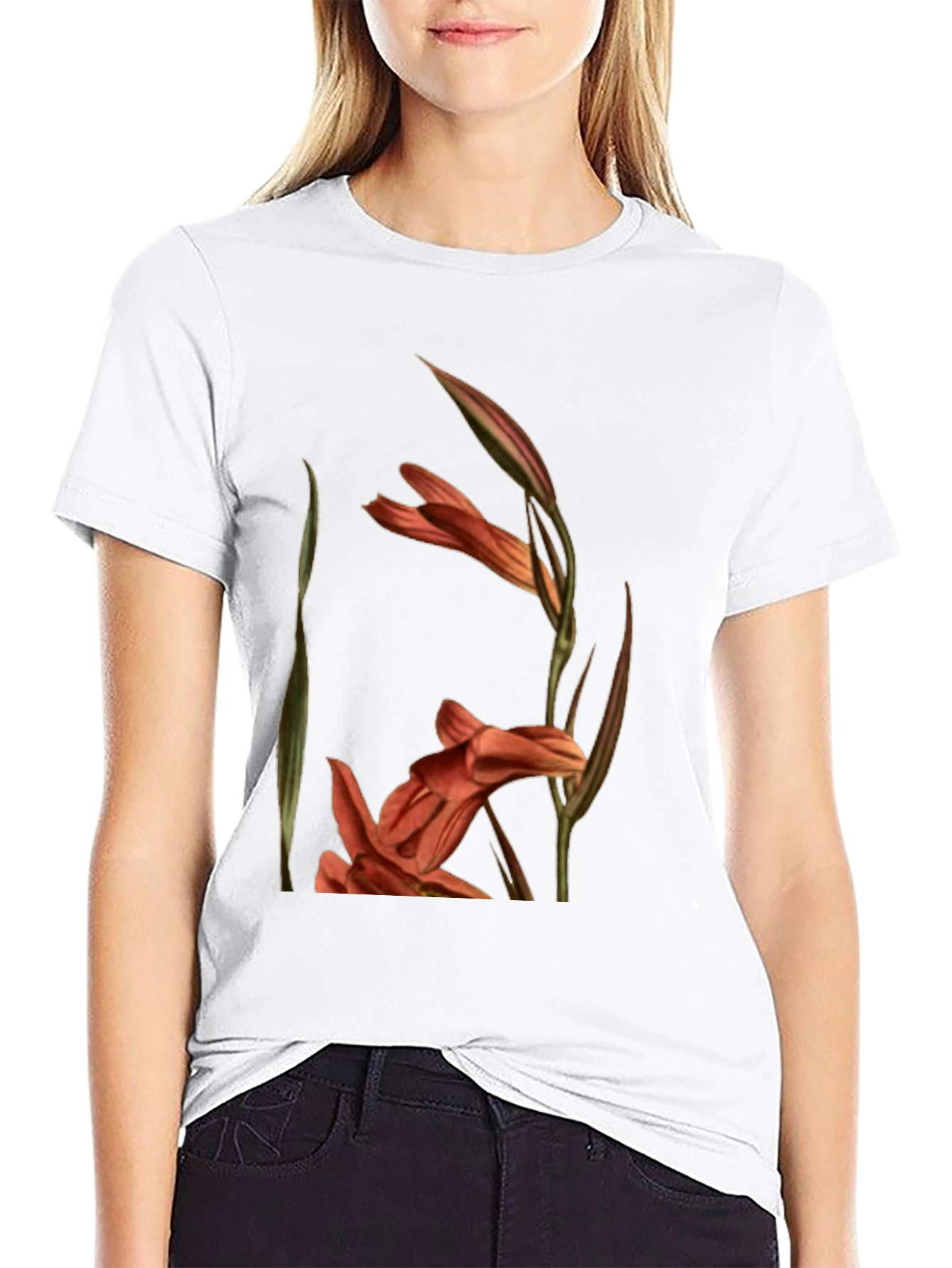 Floral Gladiolus Print Black T-Shirt