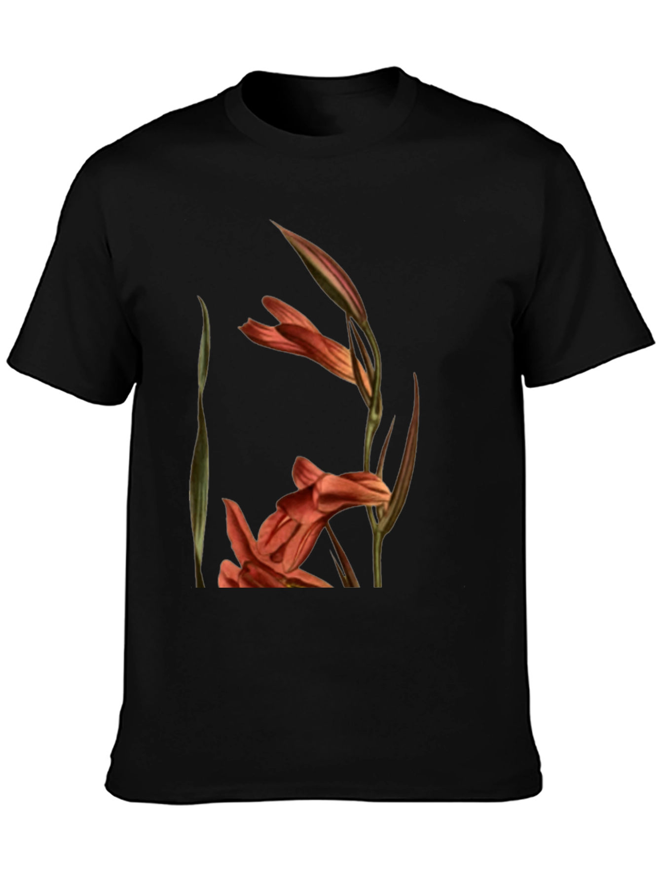 Floral Gladiolus Print Black T-Shirt