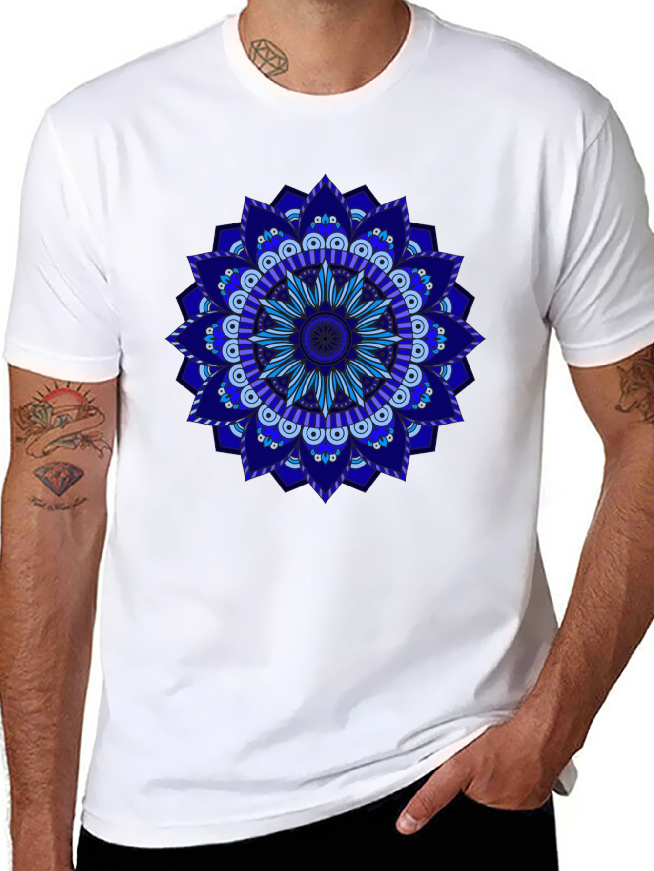 Blue Mandala Graphic Black T-Shirt