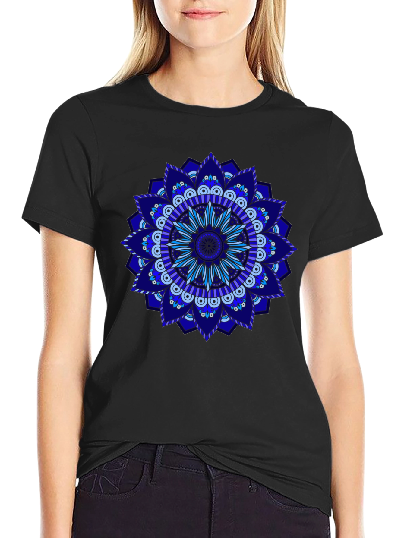 Blue Mandala Graphic Black T-Shirt