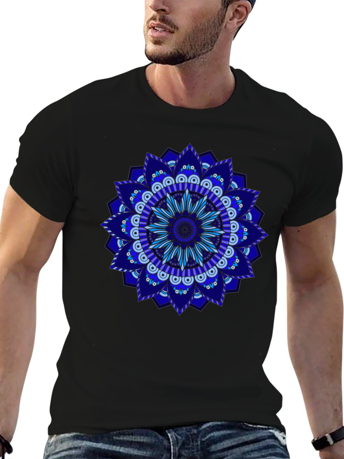Blue Mandala Graphic Black T-Shirt
