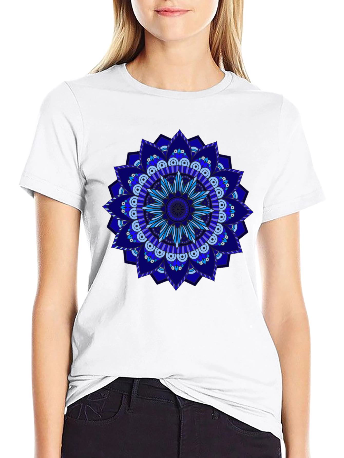 Blue Mandala Graphic Black T-Shirt