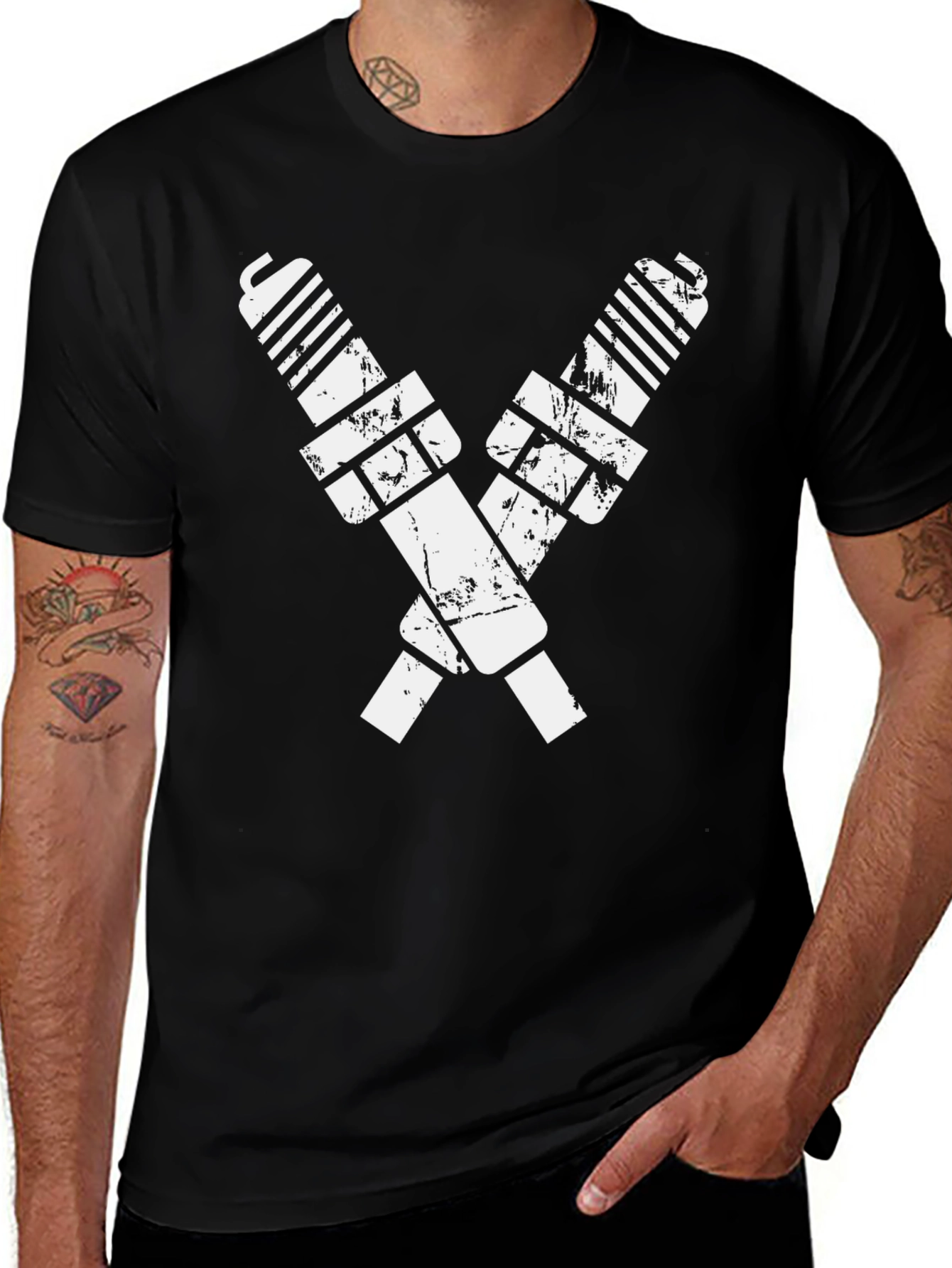 Crossed Spark Plugs Black Graphic Tee