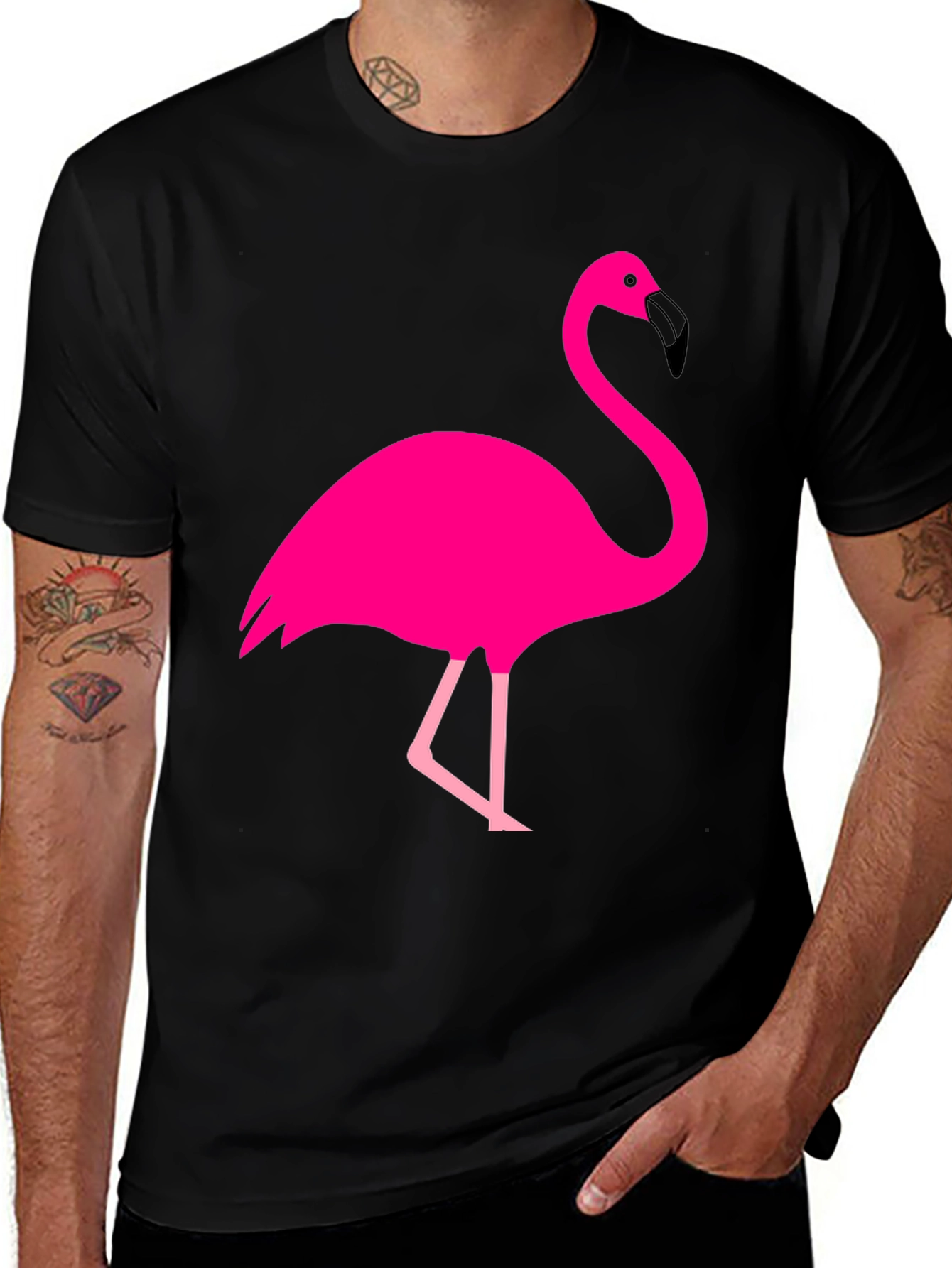 Fun Flamingo Graphic Tee - Black Cotton T-Shirt