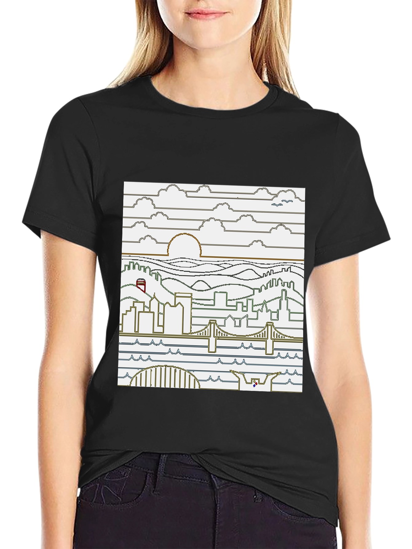 Pixel Art Cityscape Graphic Tee - Black