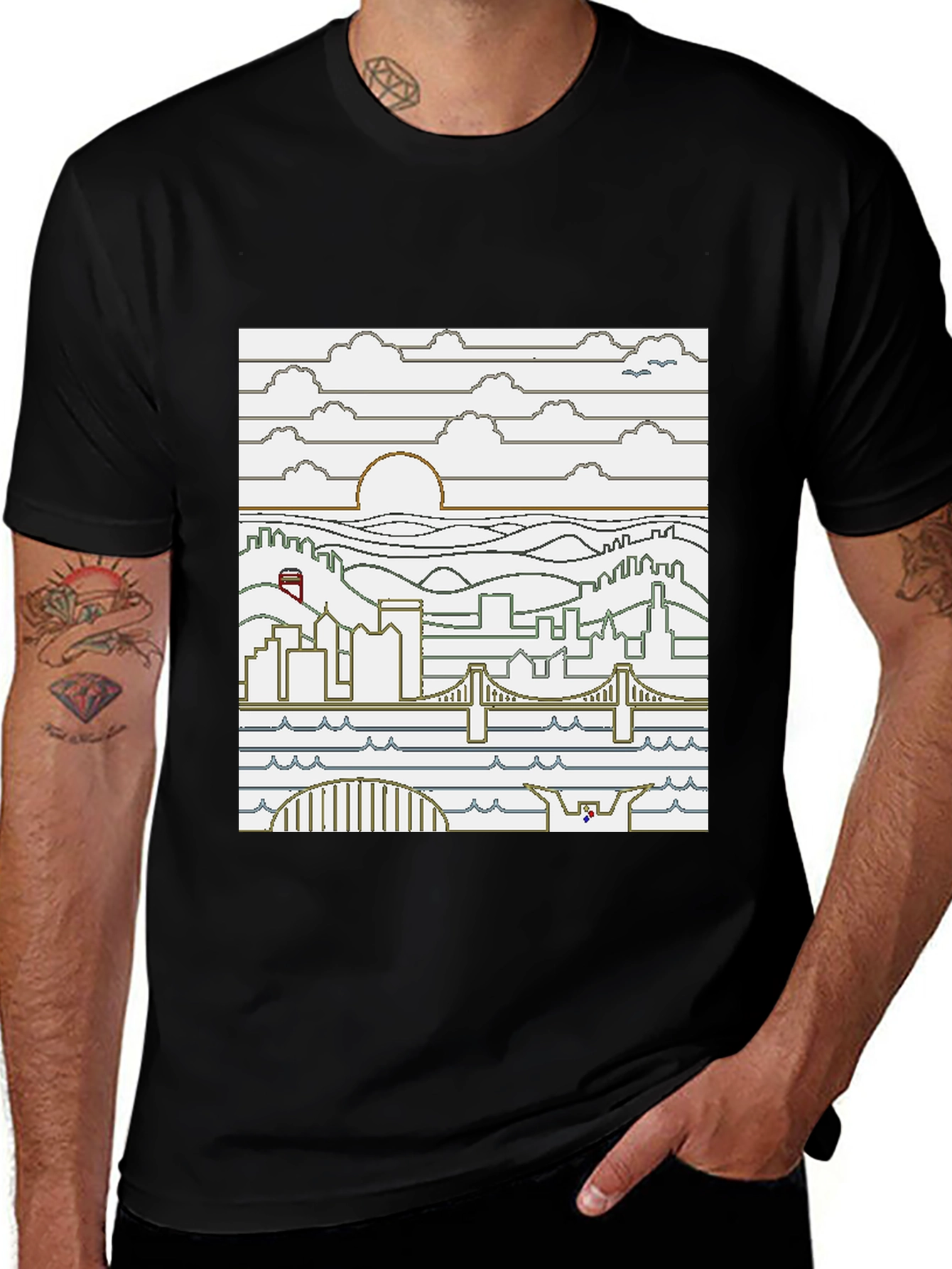 Pixel Art Cityscape Graphic Tee - Black