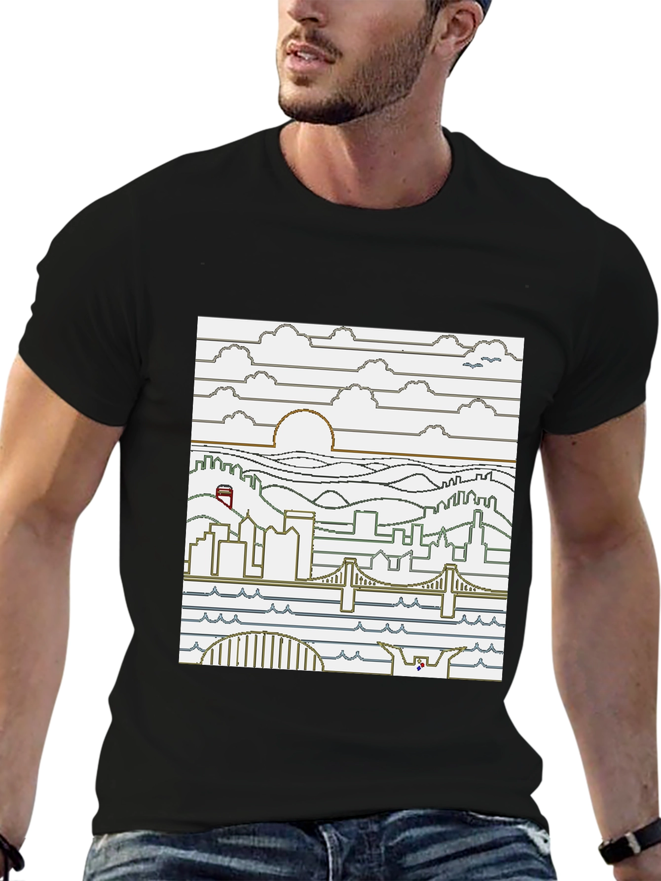 Pixel Art Cityscape Graphic Tee - Black