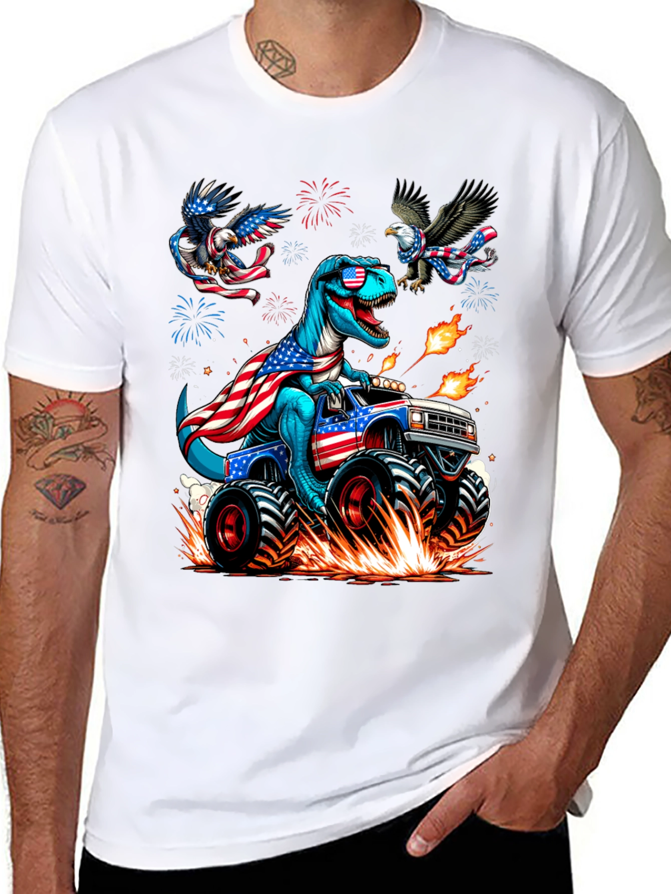 Patriotic Dino Monster Truck Graphic T-Shirt
