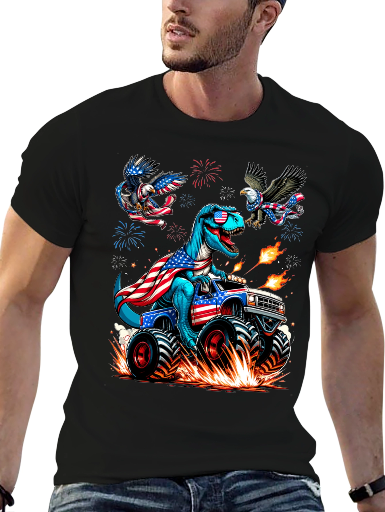 Patriotic Dino Monster Truck Graphic T-Shirt