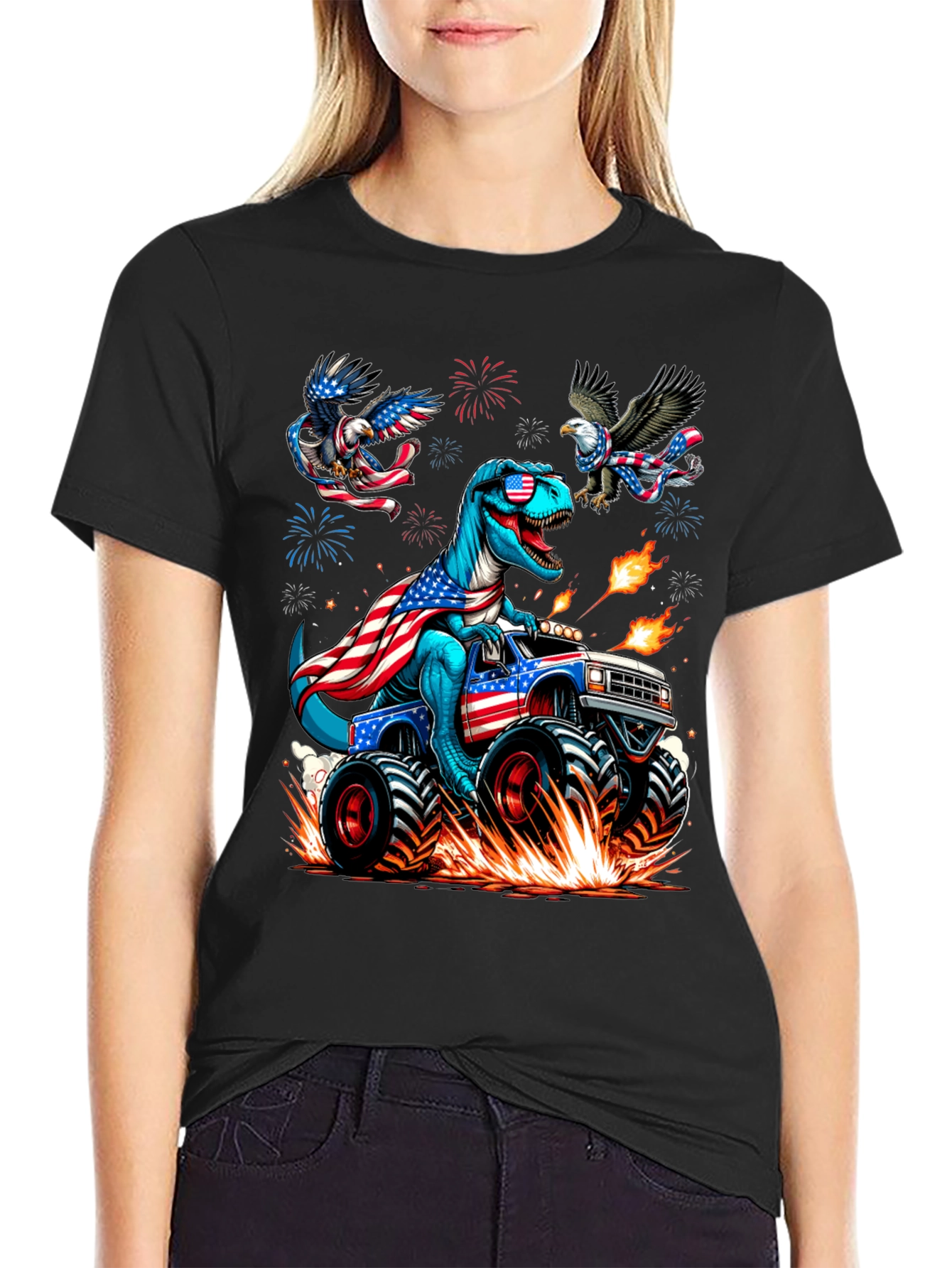 Patriotic Dino Monster Truck Graphic T-Shirt