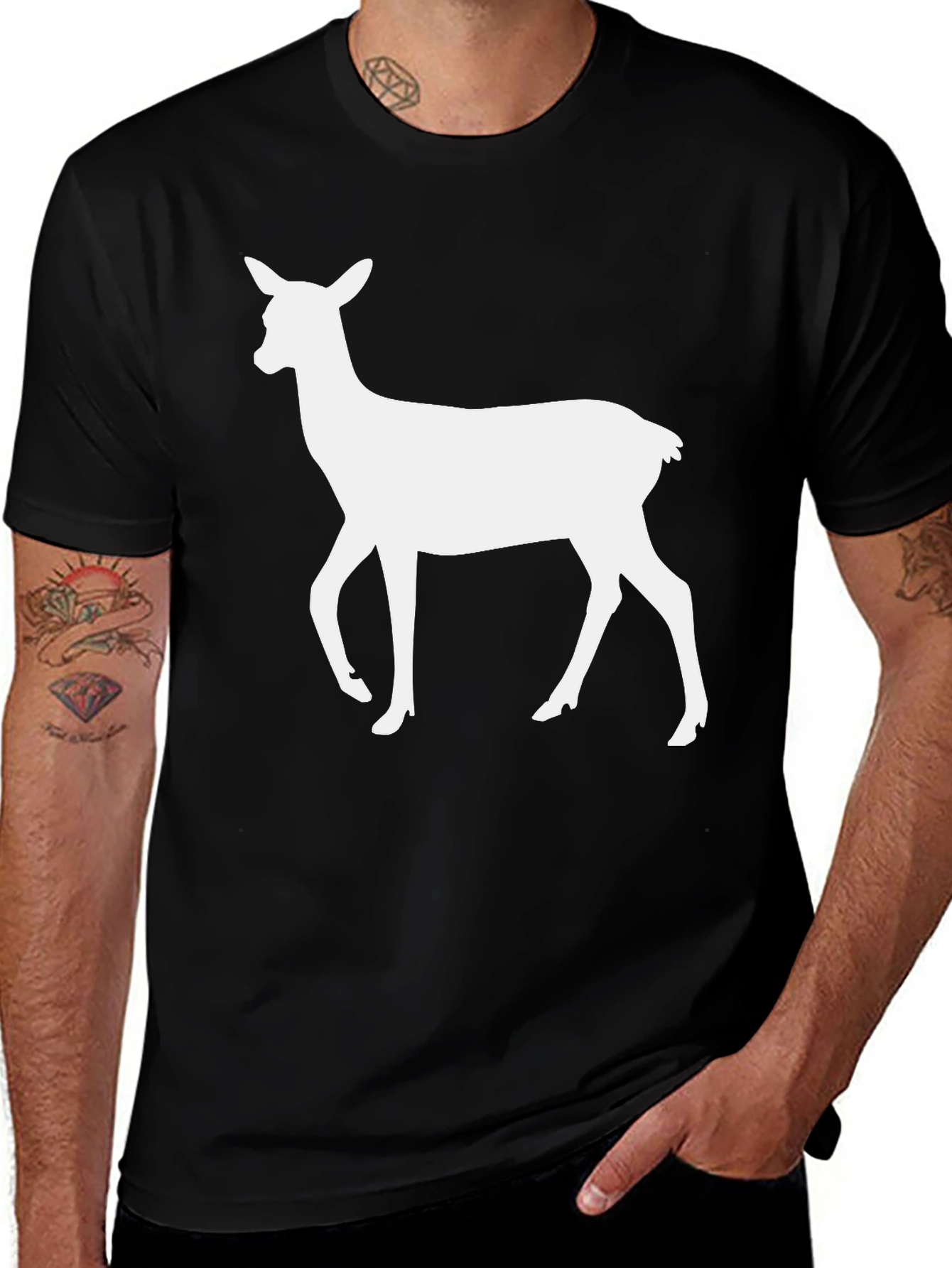 Black T-Shirt with White Deer Silhouette Print
