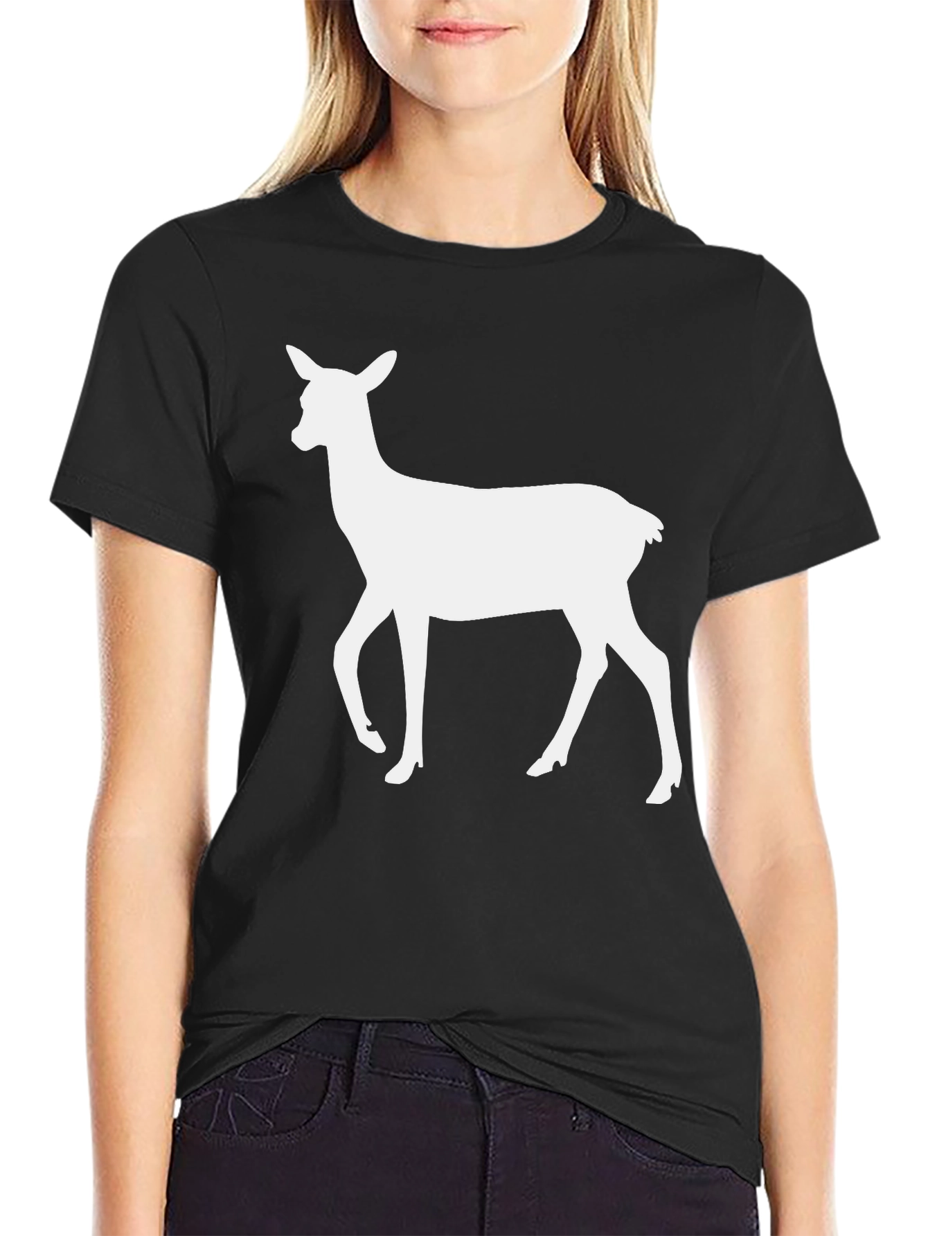 Black T-Shirt with White Deer Silhouette Print