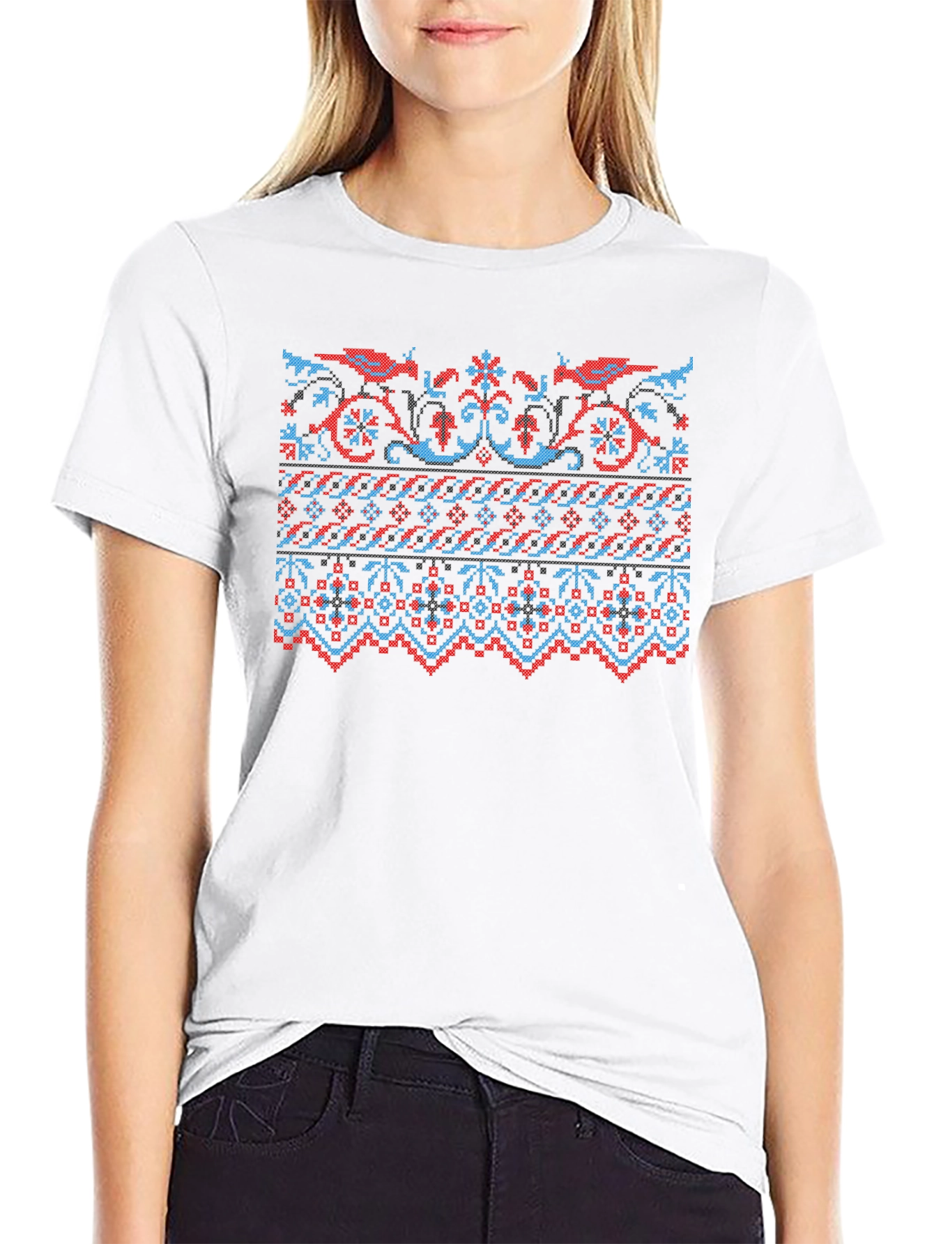 Retro Pixel Art Bird Pattern Black T-Shirt