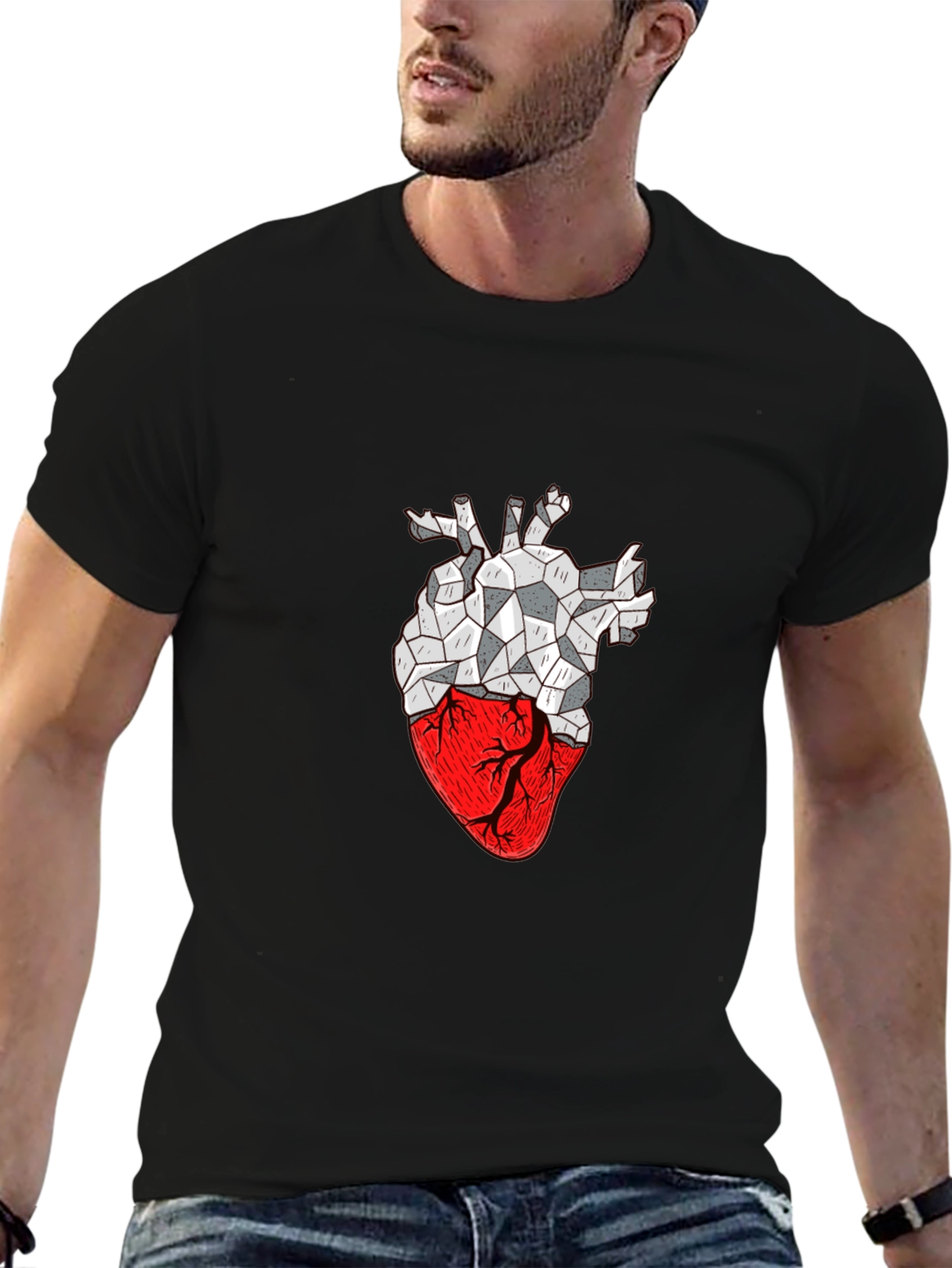 Geometric Heart Print Black T-Shirt