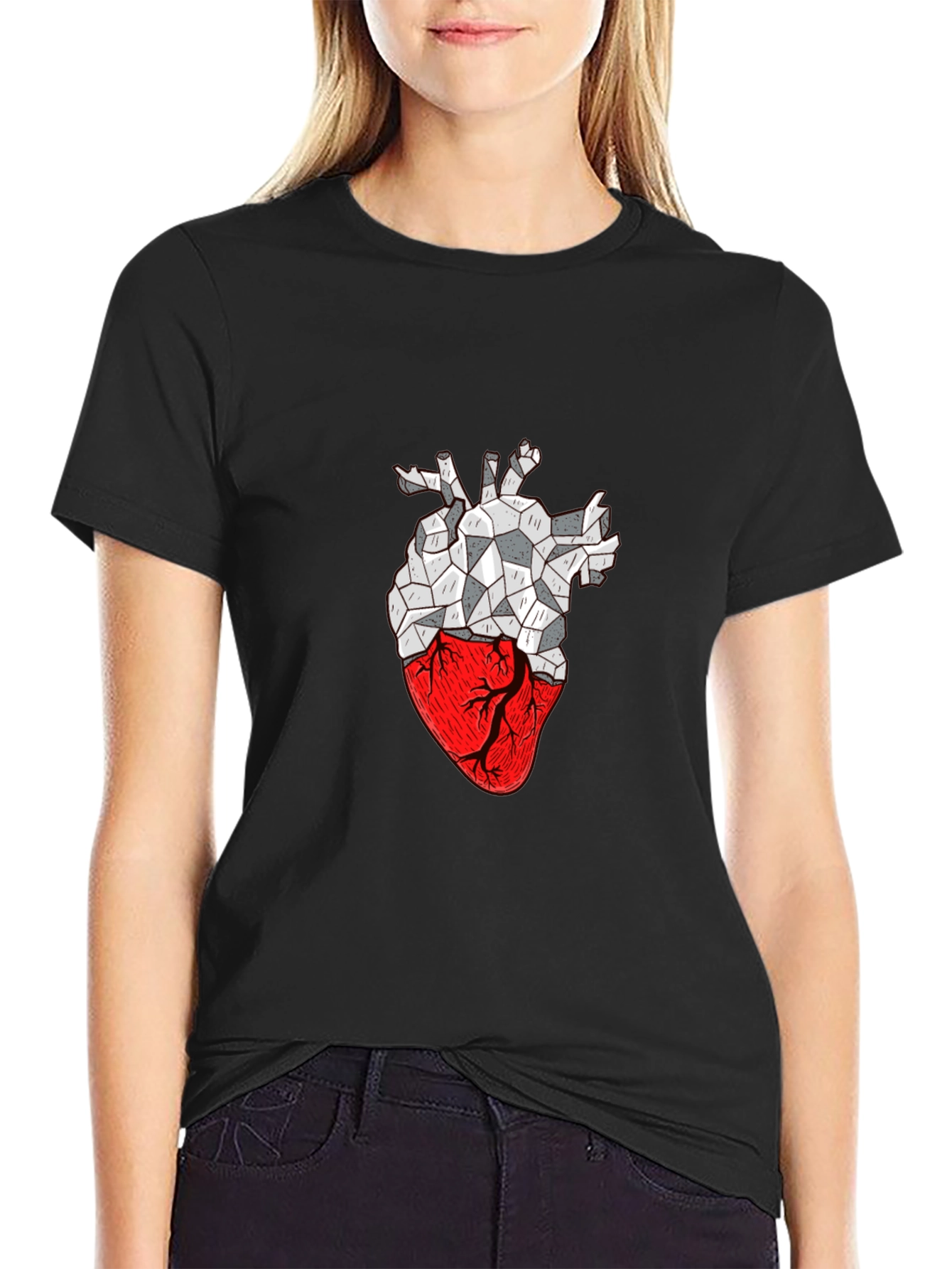 Geometric Heart Print Black T-Shirt