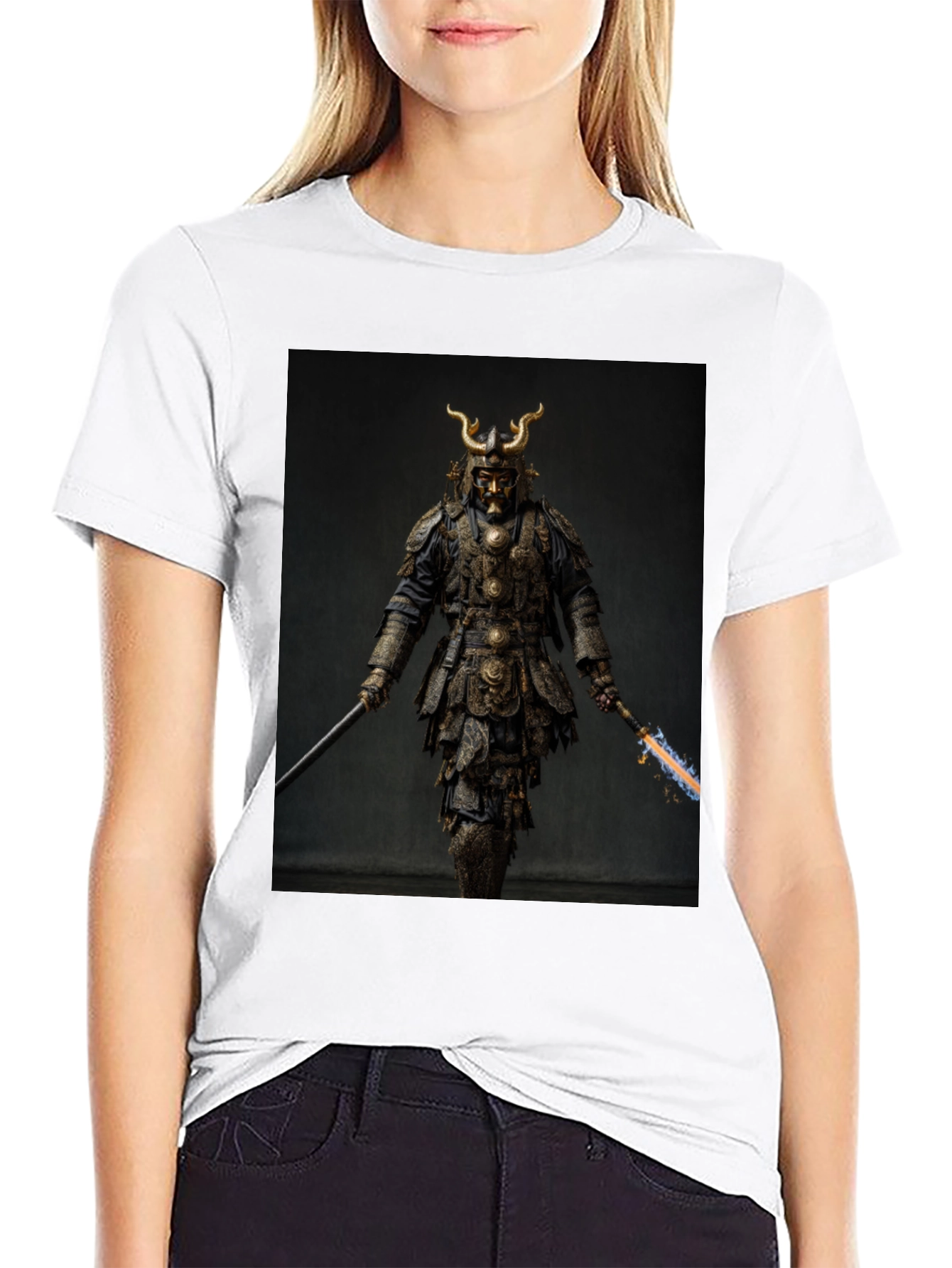 Samurai Warrior Graphic Tee - Black Cotton Blend