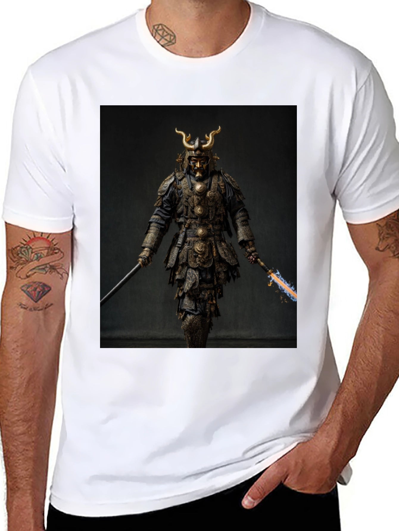 Samurai Warrior Graphic Tee - Black Cotton Blend