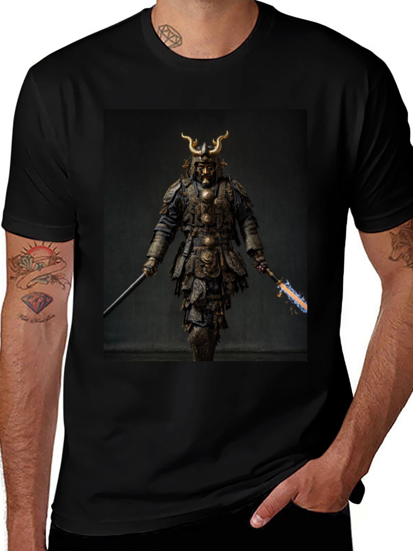Samurai Warrior Graphic Tee - Black Cotton Blend
