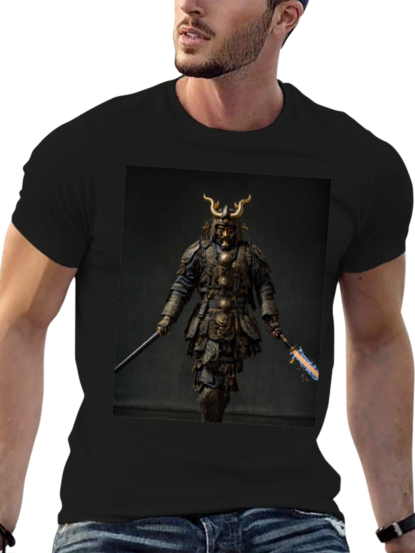 Samurai Warrior Graphic Tee - Black Cotton Blend