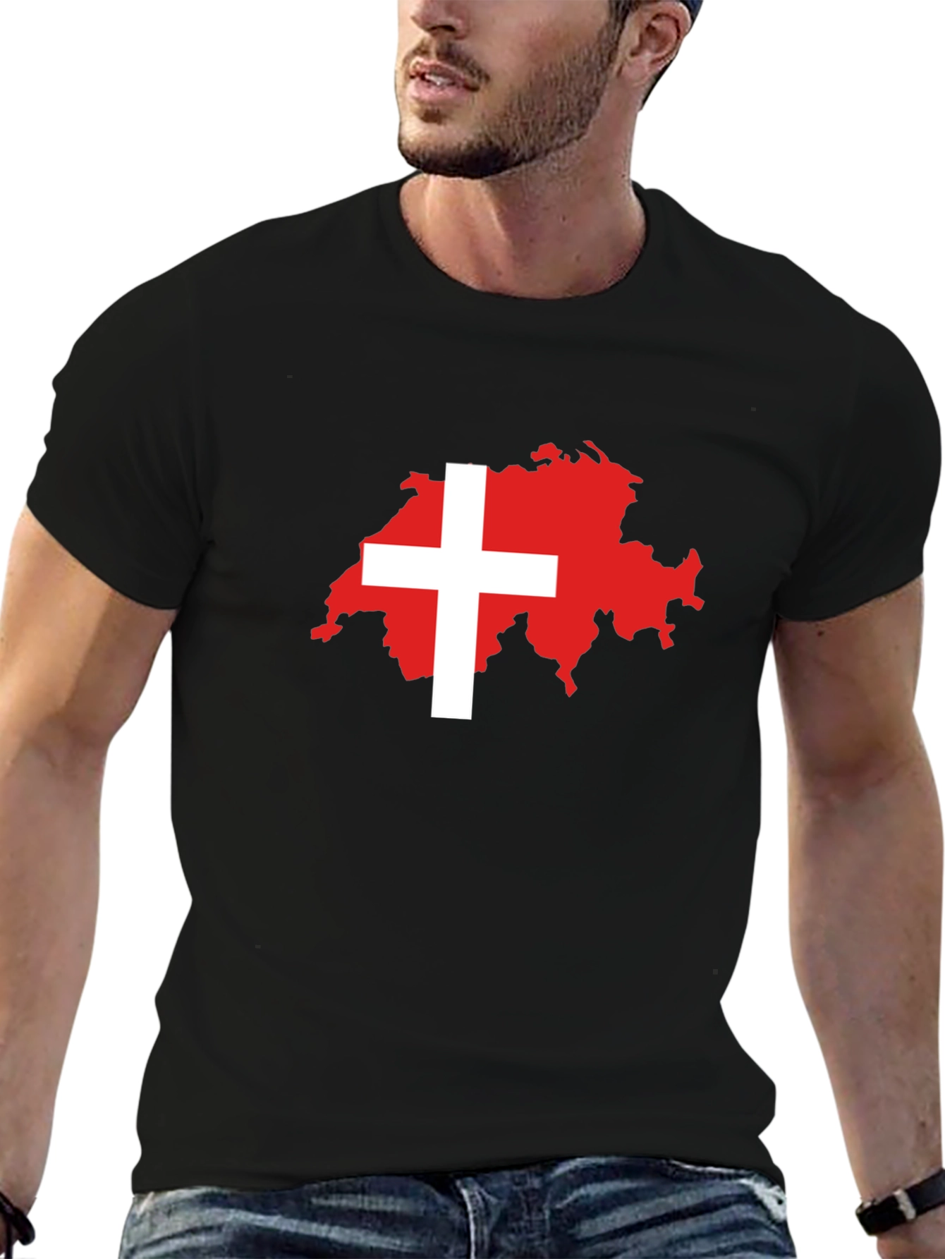 Swiss Flag Map Black T-Shirt