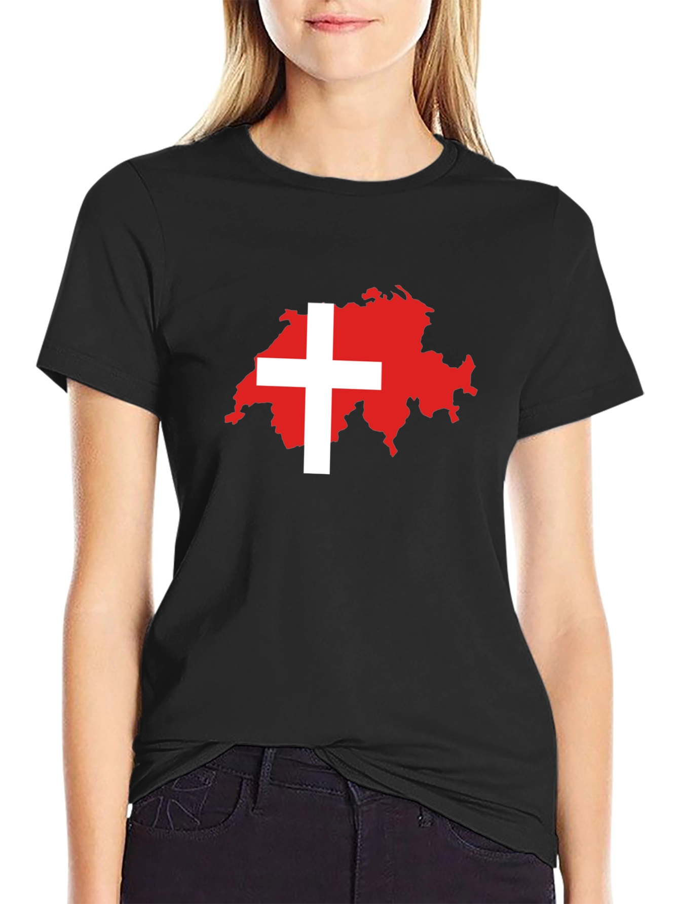 Swiss Flag Map Black T-Shirt
