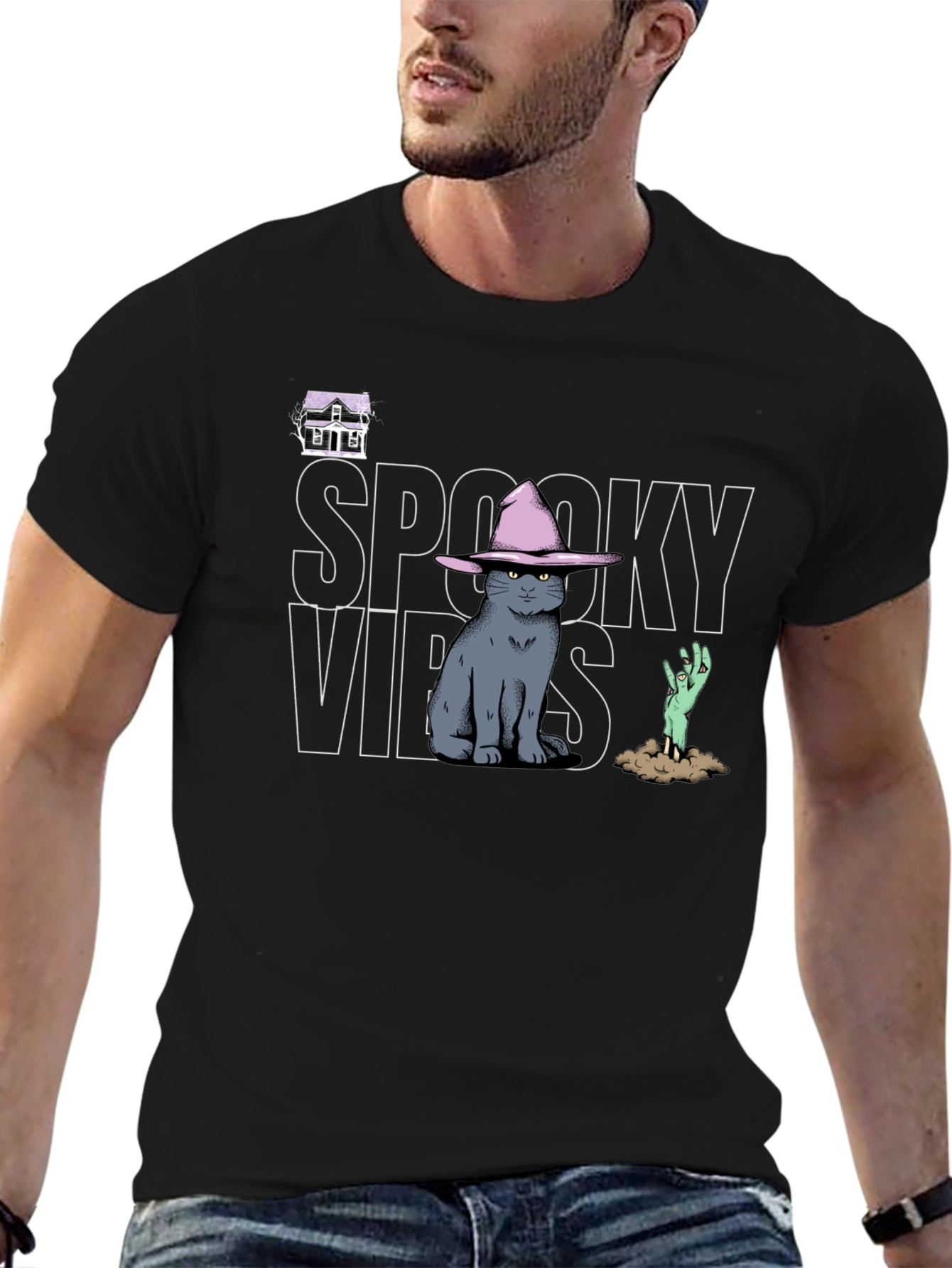 Spooky Vibes T-Shirt: Cat in Witch Hat Zombie Hand
