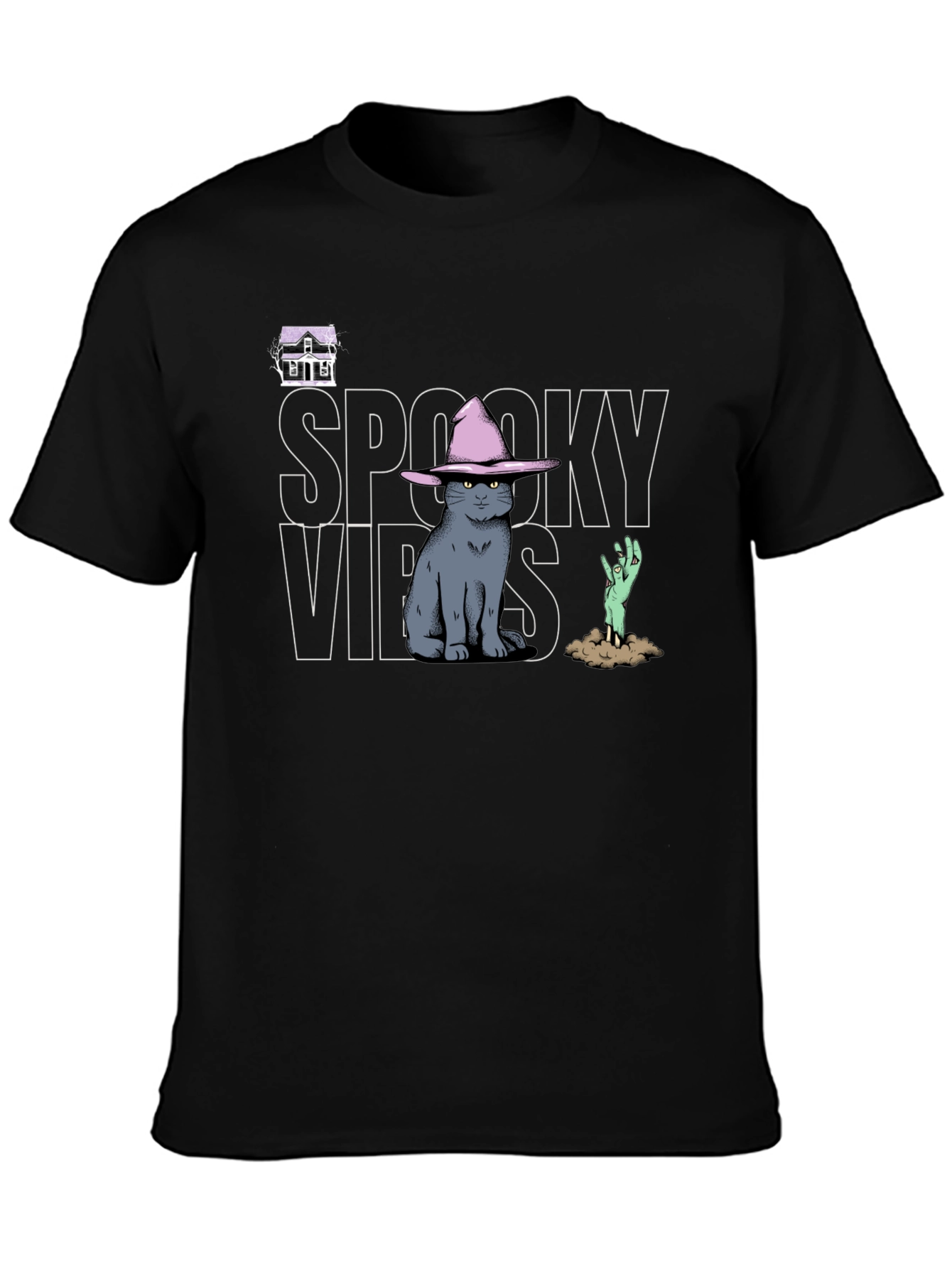 Spooky Vibes T-Shirt: Cat in Witch Hat Zombie Hand