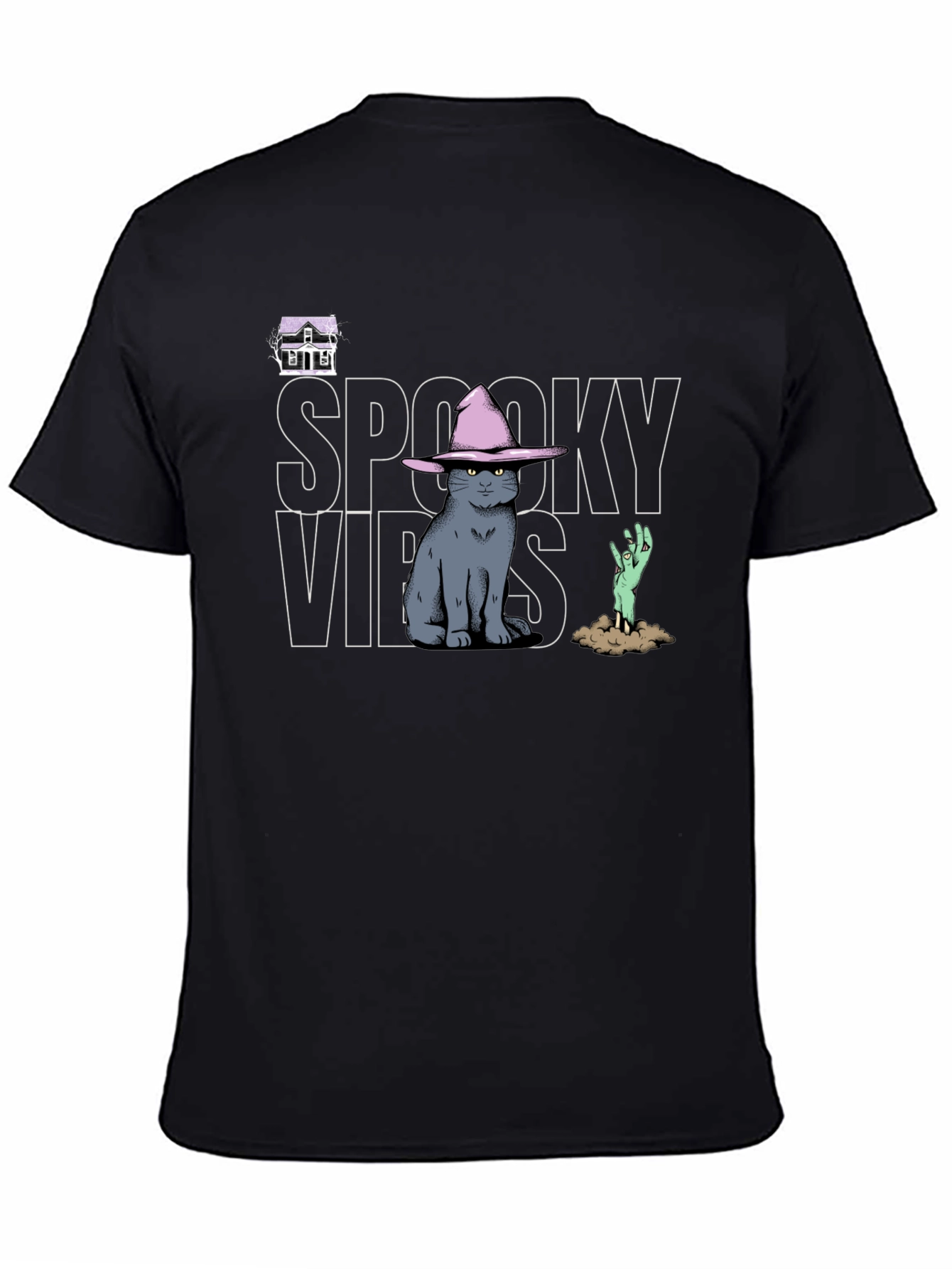 Spooky Vibes T-Shirt: Cat in Witch Hat Zombie Hand