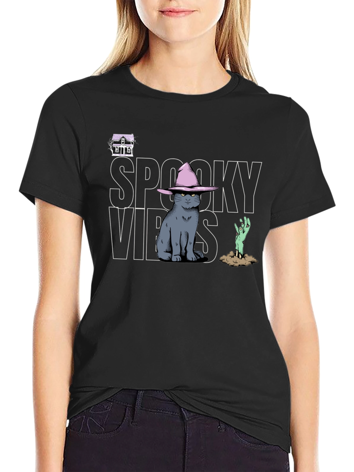 Spooky Vibes T-Shirt: Cat in Witch Hat Zombie Hand