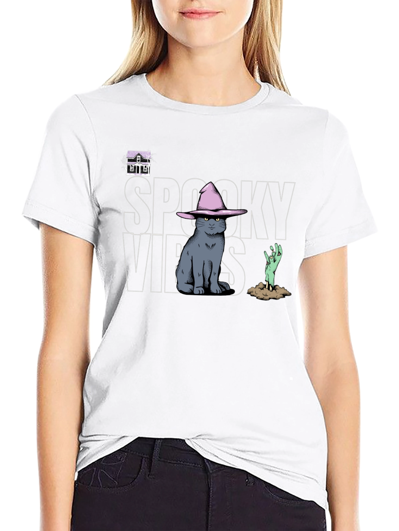 Spooky Vibes T-Shirt: Cat in Witch Hat Zombie Hand