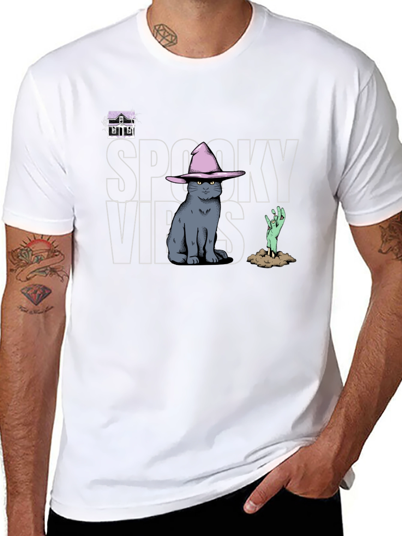 Spooky Vibes T-Shirt: Cat in Witch Hat Zombie Hand