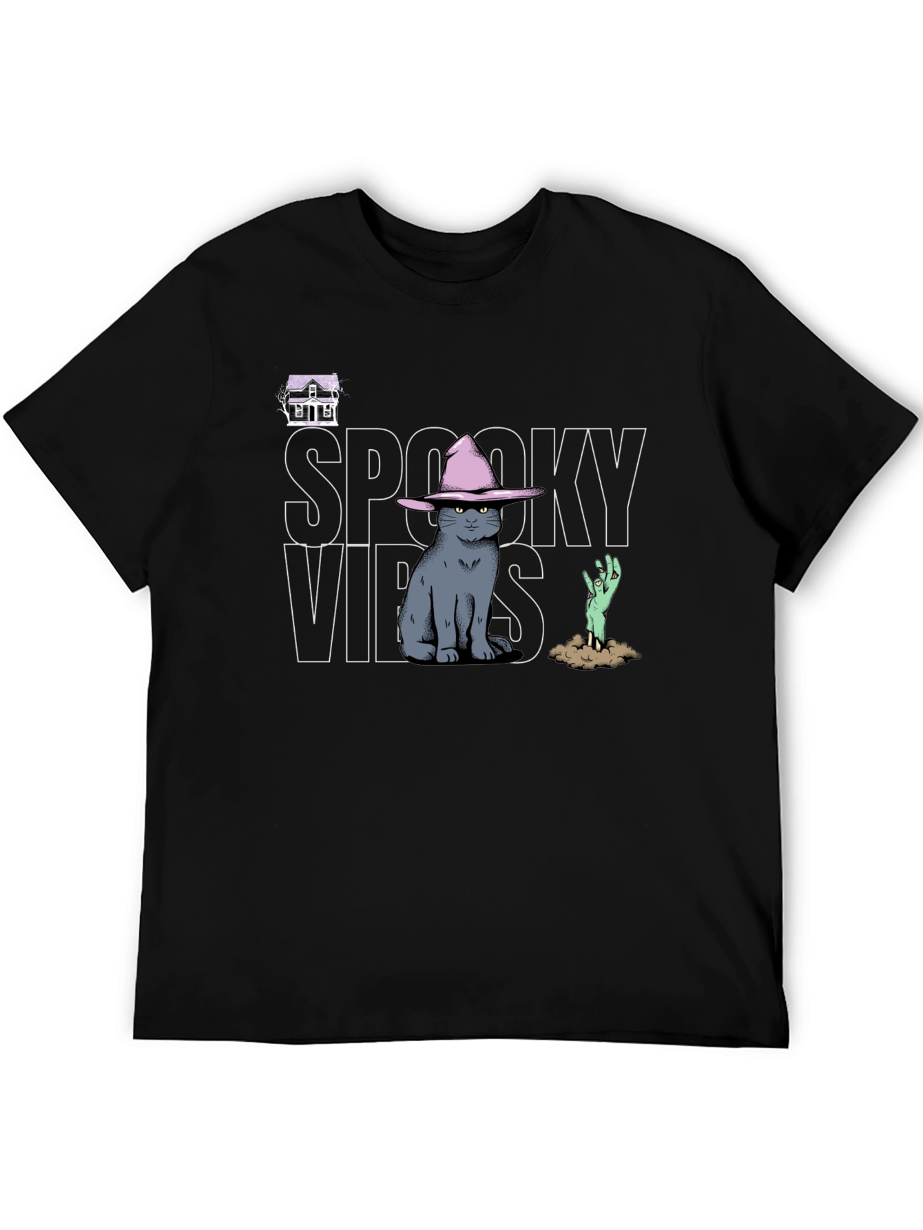 Spooky Vibes T-Shirt: Cat in Witch Hat Zombie Hand