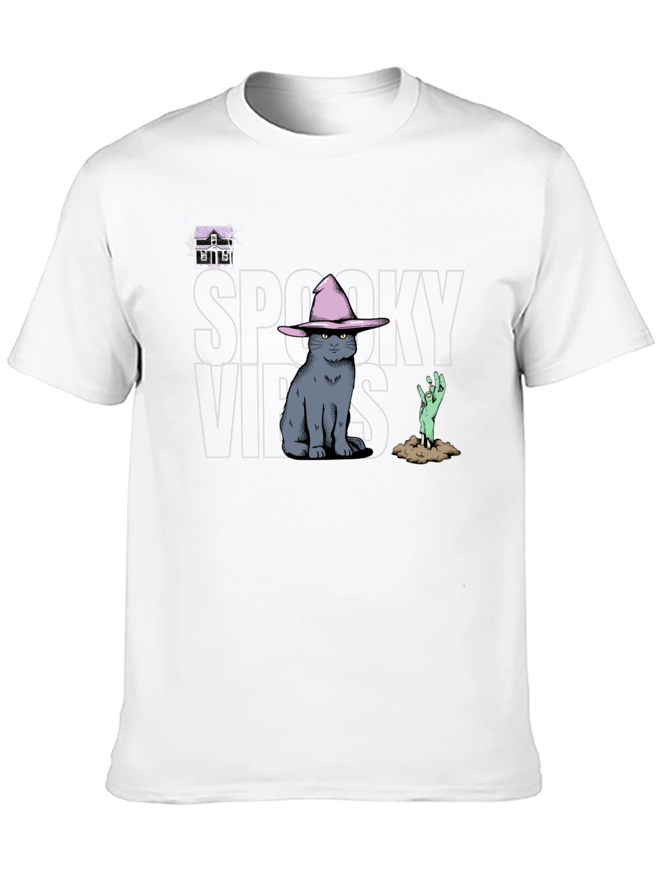 Spooky Vibes T-Shirt: Cat in Witch Hat Zombie Hand
