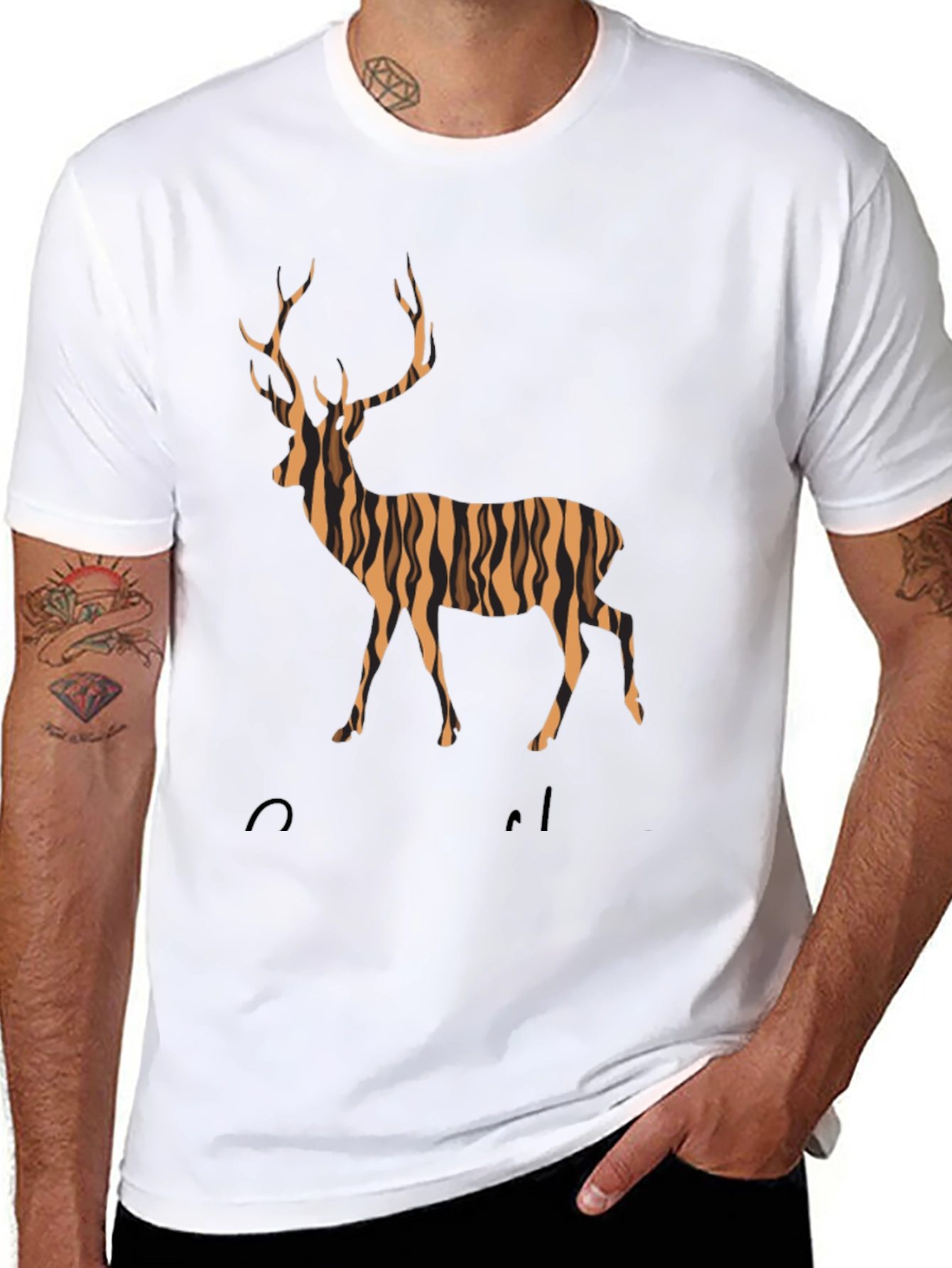 Striped Deer Graphic Tee - Mens Black T-Shirt