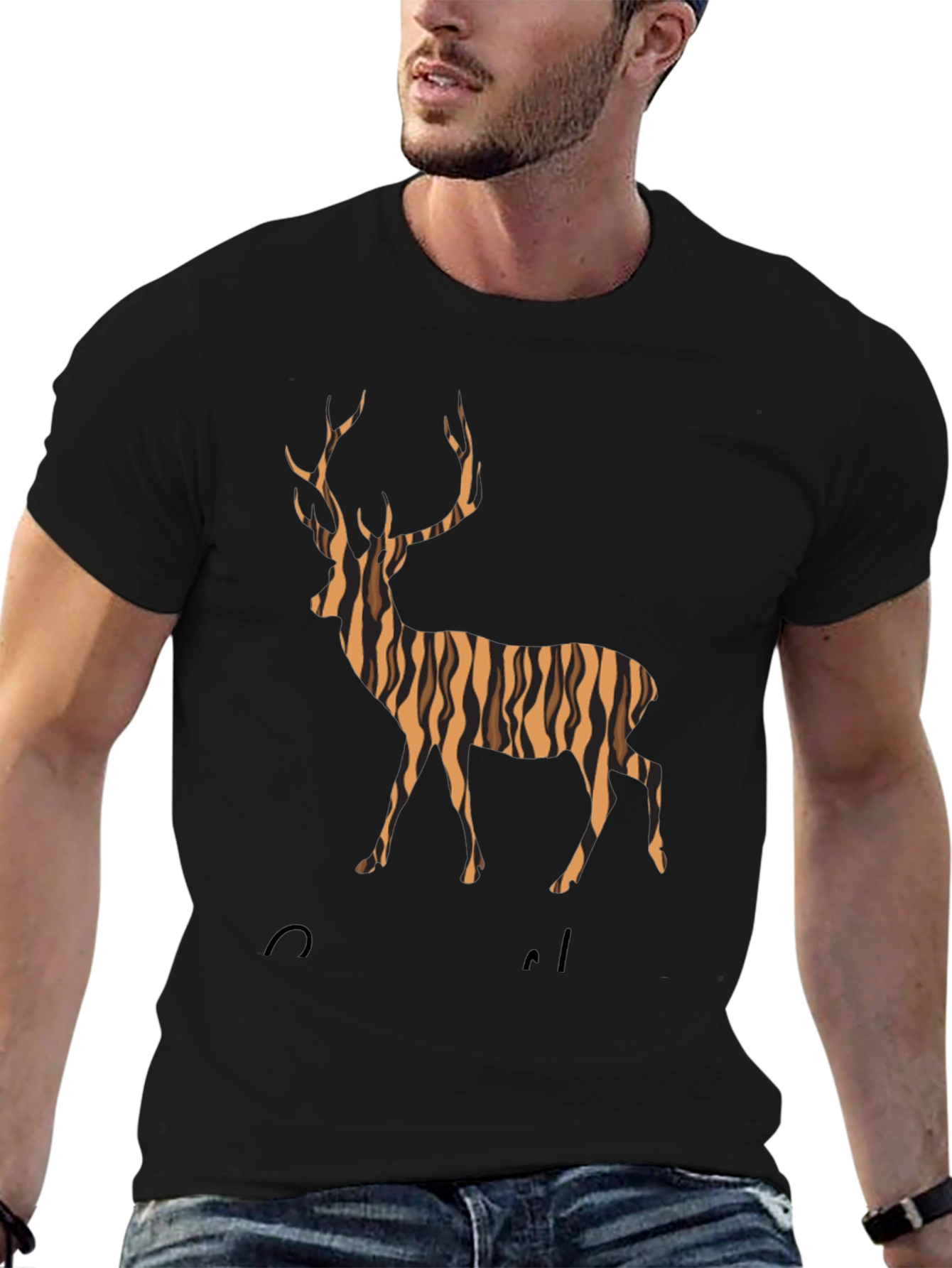 Striped Deer Graphic Tee - Mens Black T-Shirt