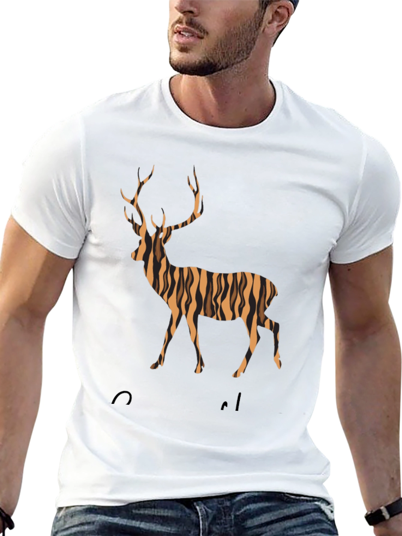 Striped Deer Graphic Tee - Mens Black T-Shirt