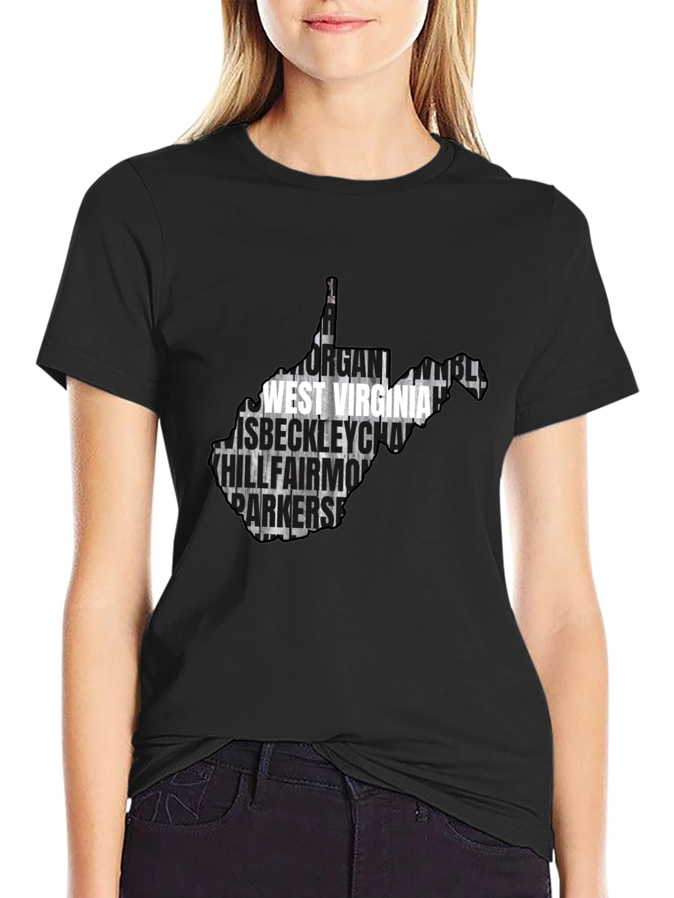 West Virginia Cities Map T-Shirt - Black
