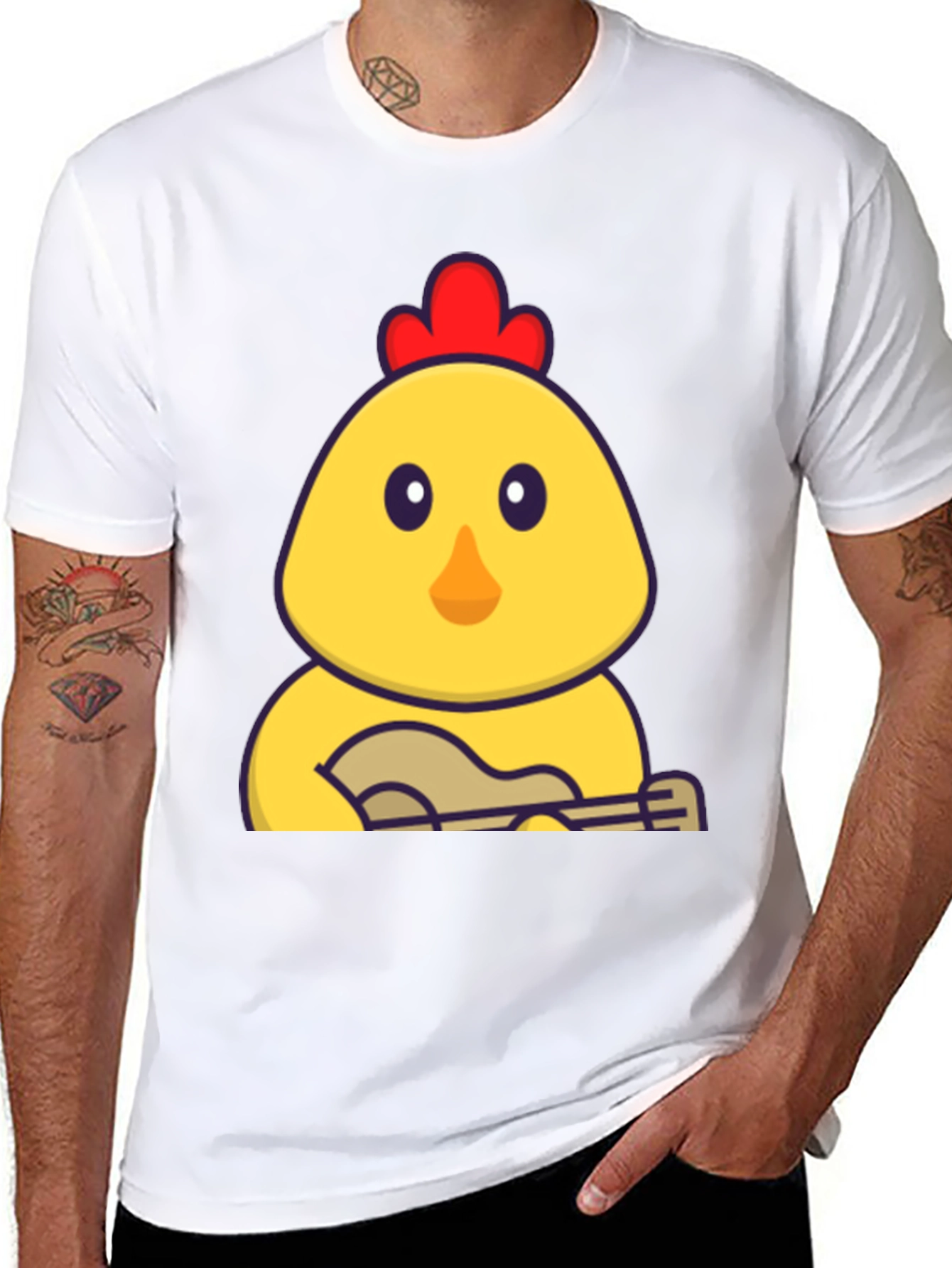 Funny Chicken Playing Ukulele Black T-Shirt