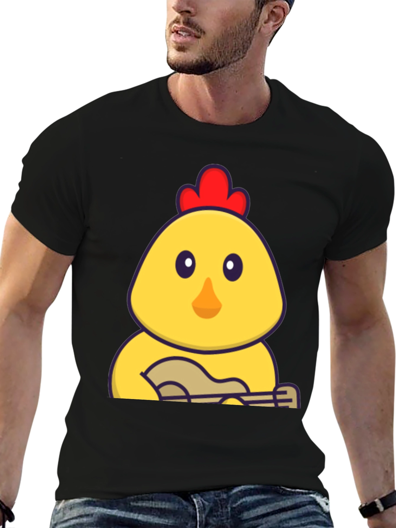 Funny Chicken Playing Ukulele Black T-Shirt