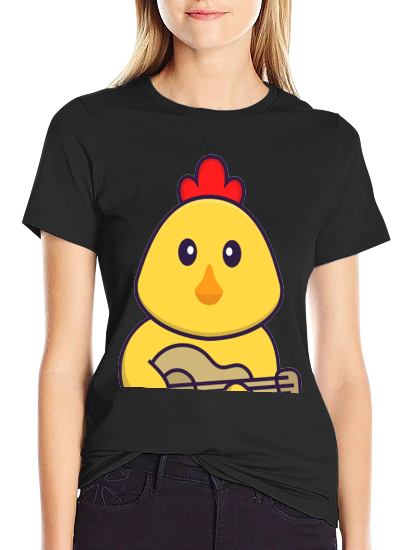 Funny Chicken Playing Ukulele Black T-Shirt